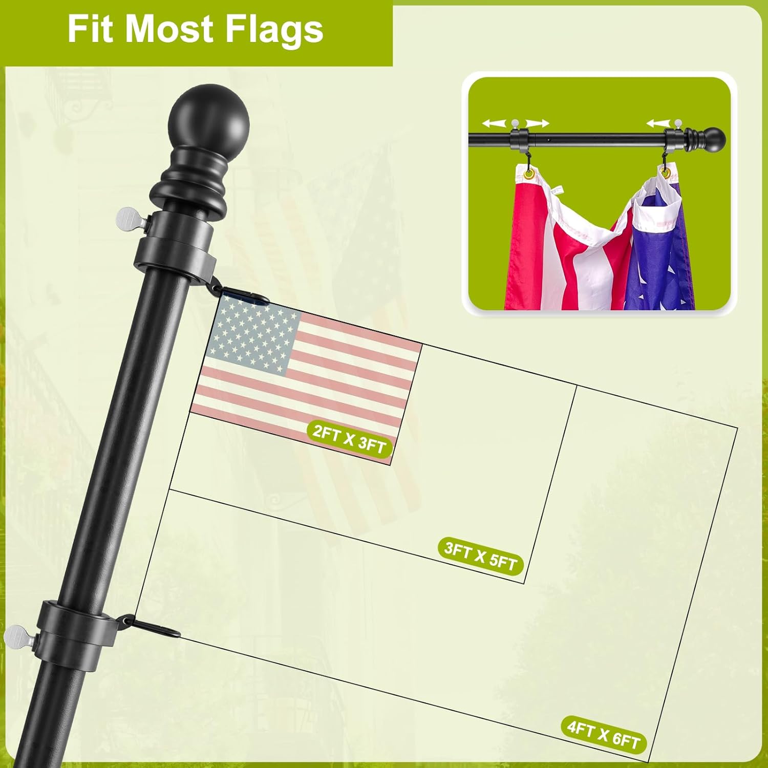 FFILY Mástiles de bandera de 5 pies para banderas de 3 x 5 para exteriores, mástil de bandera para exteriores con anillos de asta de bandera sin