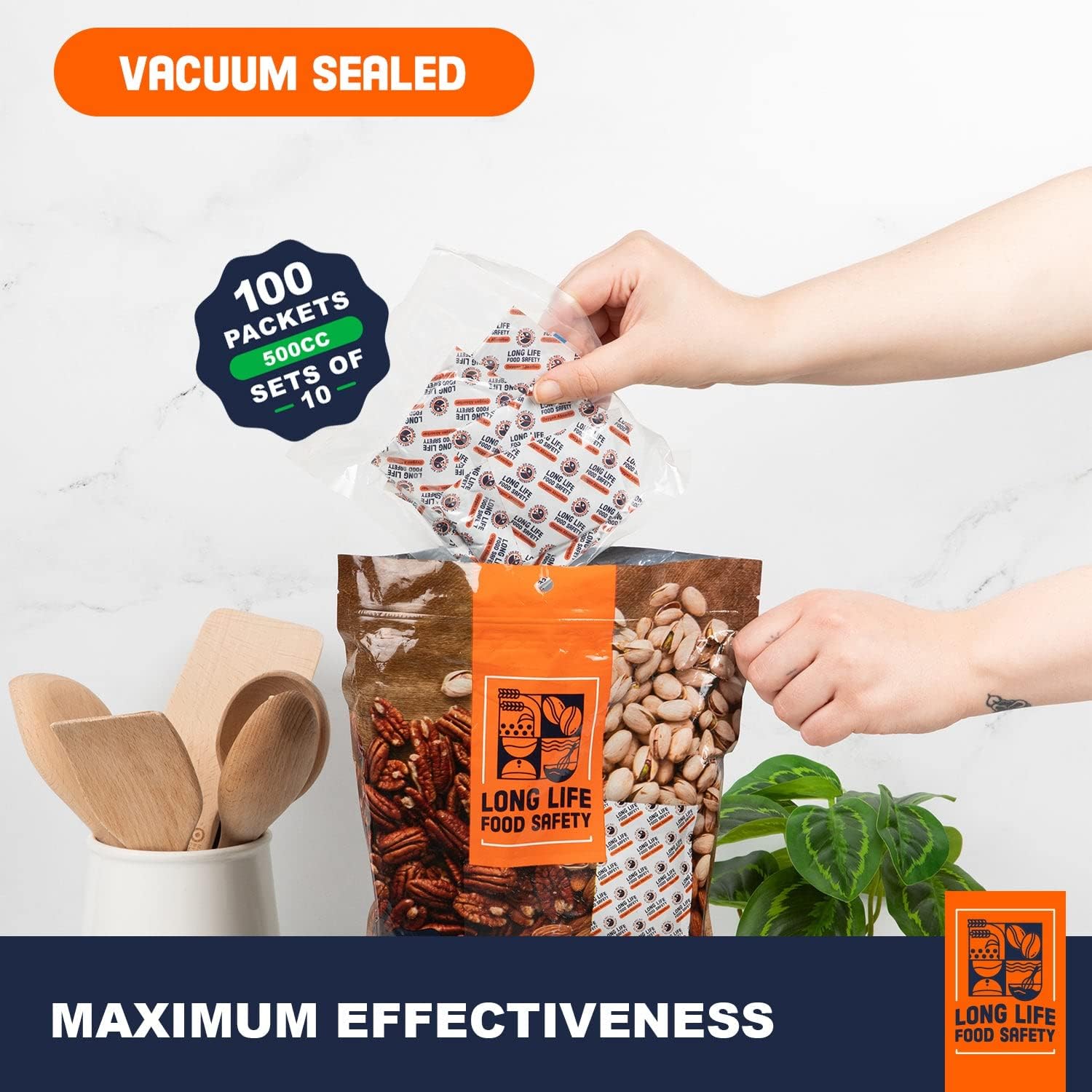 Absorbentes de oxígeno de 500 cc y 2500 cc para almacenamiento de alimentos  3 veces la capacidad de absorción de oxígeno  Extiende la vida útil y