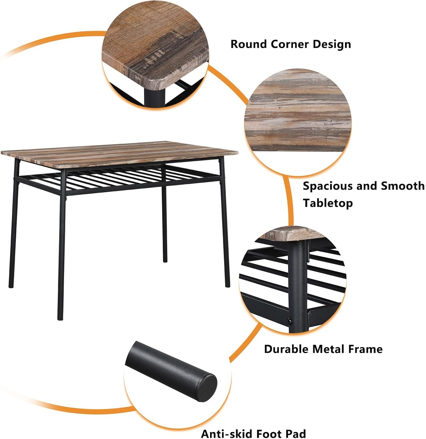 KEPOOMAN Juego de mesa de comedor de 5 piezas, mesa de cocina de metal y madera con estante de almacenamiento y 4 sillas, sillas de cocina