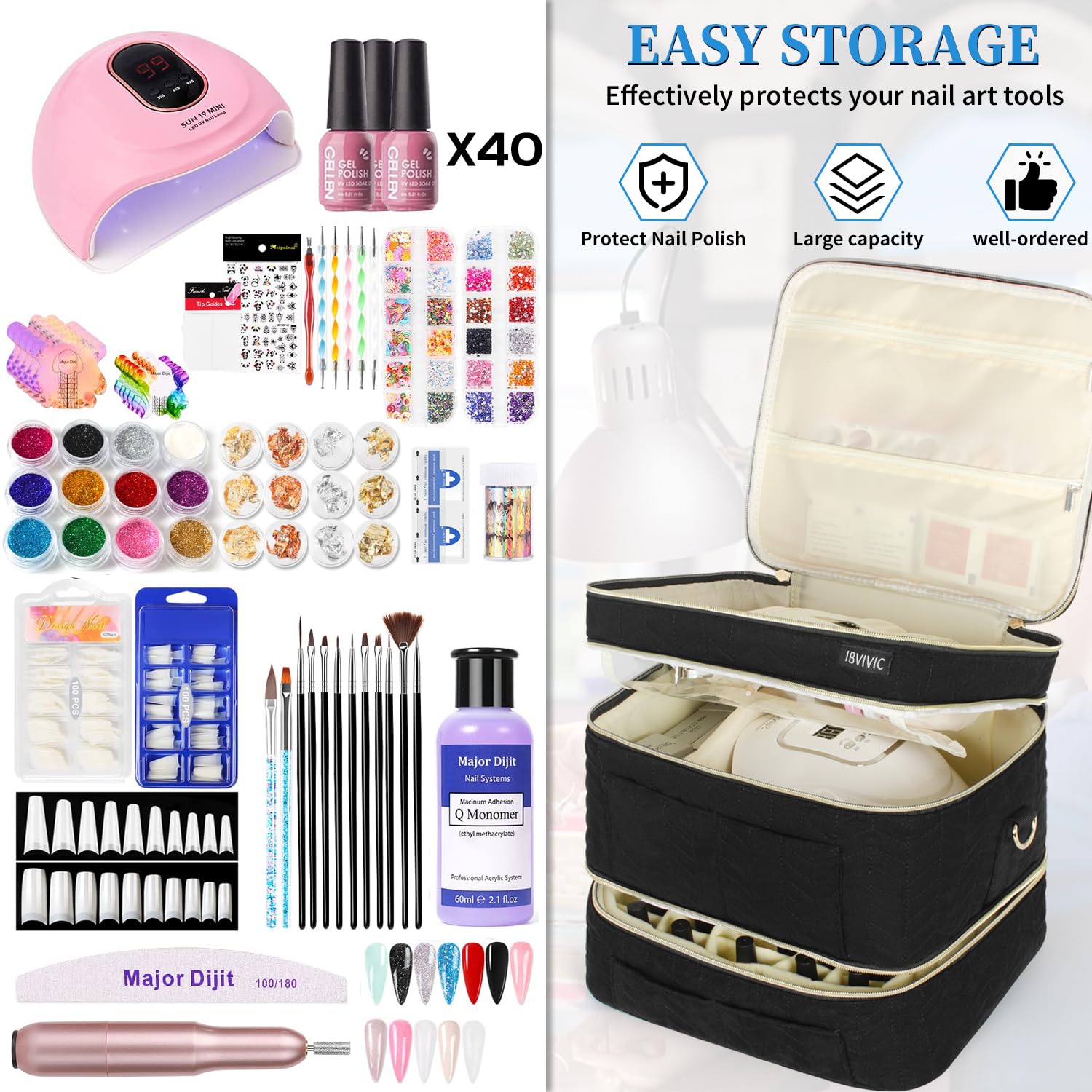 Organizador de esmalte de uñas con capacidad para 40 botellas (0.5 fl oz0.5 onzas líquidas) Estuche de esmalte de uñas de 3 capas, bolsa de viaje