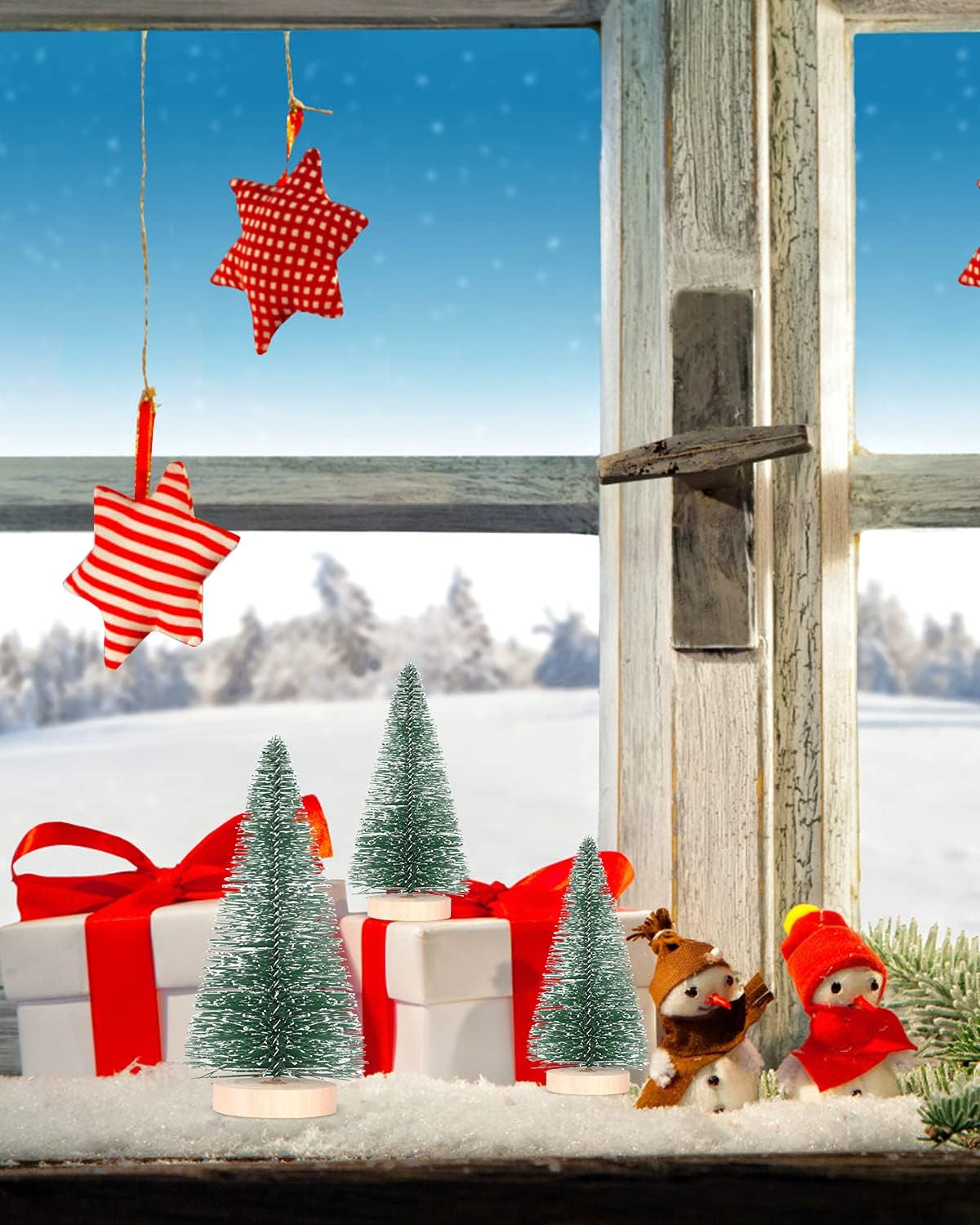 DDHS 24 mini árboles de Navidad artificiales, cepillo mejorado para botellas de 4 colores, árbol de Navidad con base de madera, sisal esmerilado