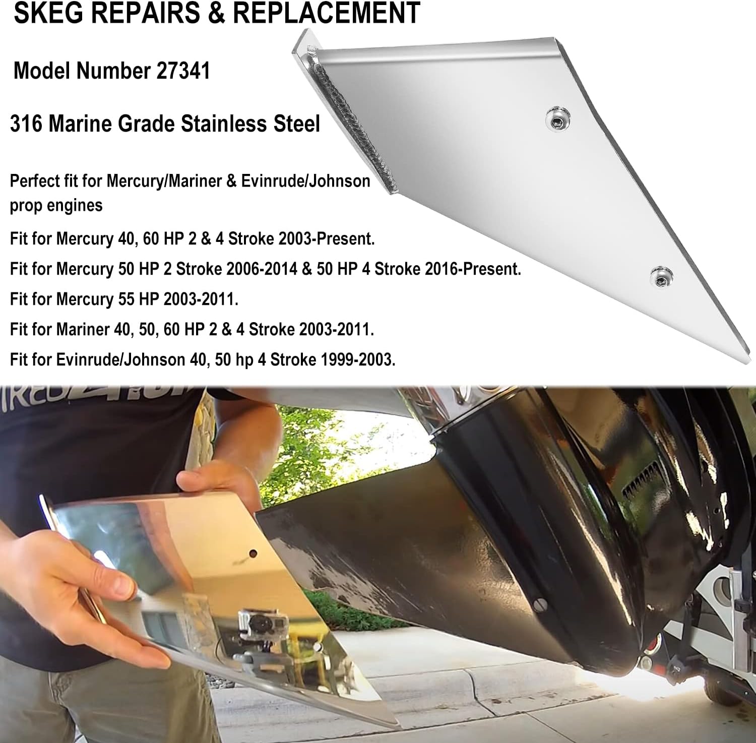 27341 Skeg Guard Safe-Skeg Protector Kit de reparación para Mercury & Mariner 2003-2023 40 50 60 HP 2 y 4 tiempos, para Johnson Evinrude 40 50 HP