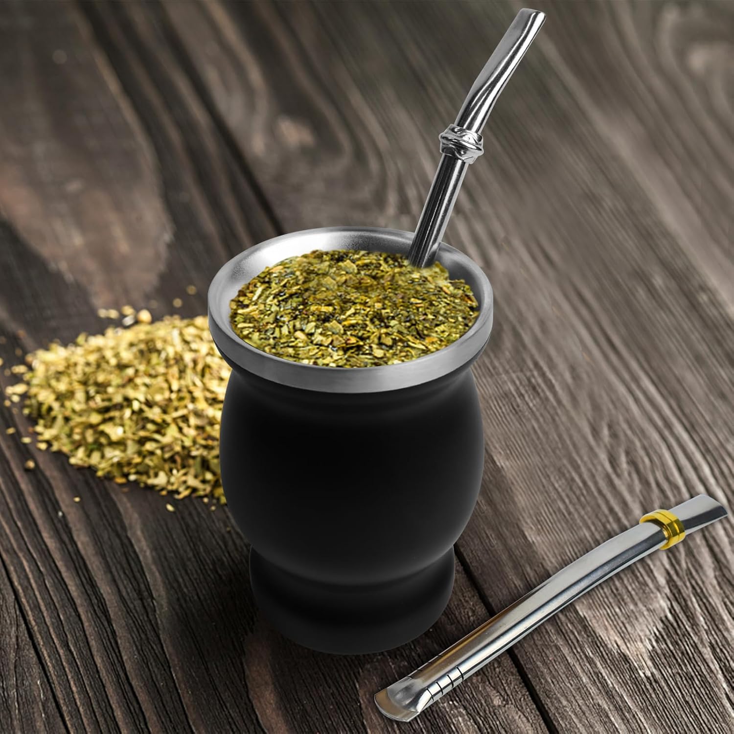 Artcome Juego de 4 tazas de yerba mate de acero inoxidable  1 taza mate de acero inoxidable de doble pared de 8.5 onzas (negro), 2 bombillas (paja