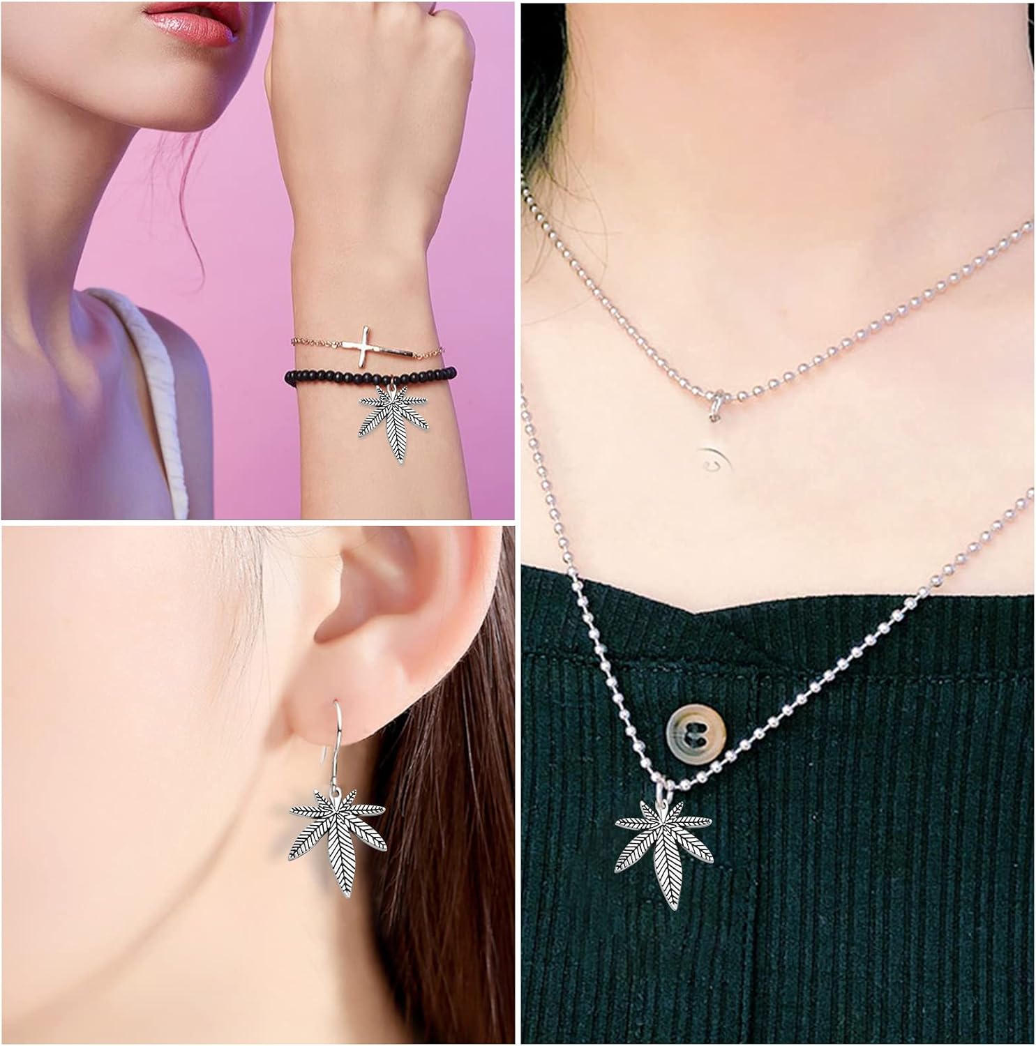 50 dijes de hoja de arce de marihuana de plata antigua, maceta médica, hojas de árbol de cannabis, colgantes para manualidades, aretes, collares,