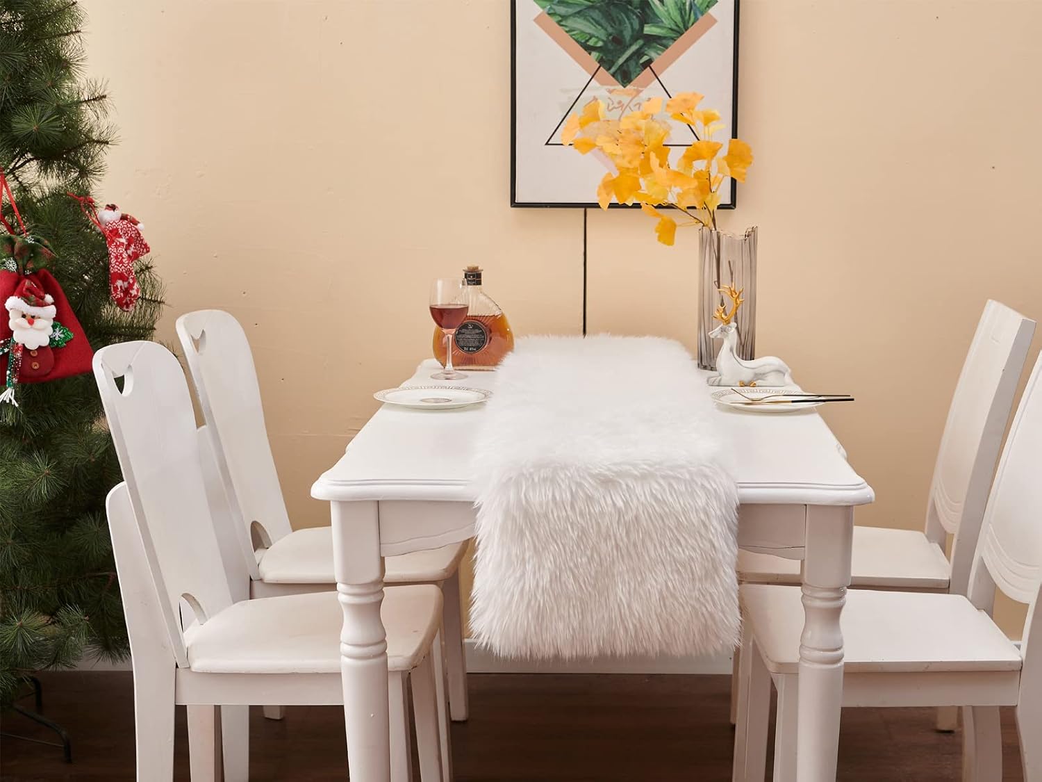 Camino de mesa, moderno camino de mesa de piel blanca para Navidad, boda, fiesta, vacaciones, cumpleaños, hogar, casa de campo, comedor, decoración