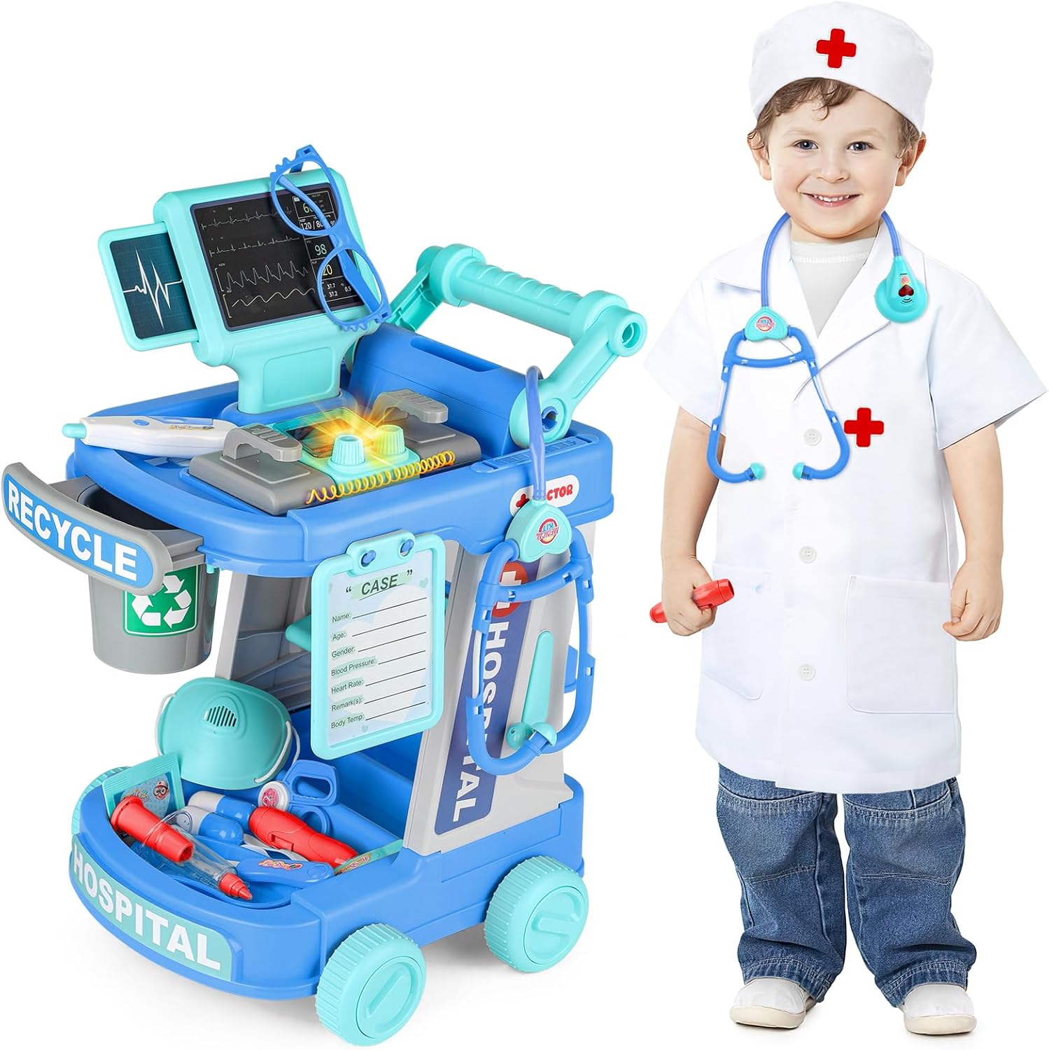 deAO Doctor Cart Kit for Kids Toy Pretend Playset with Doctor Costume Stethoscope and Medical Instruments Role Play Mobile Medical Station Set for
