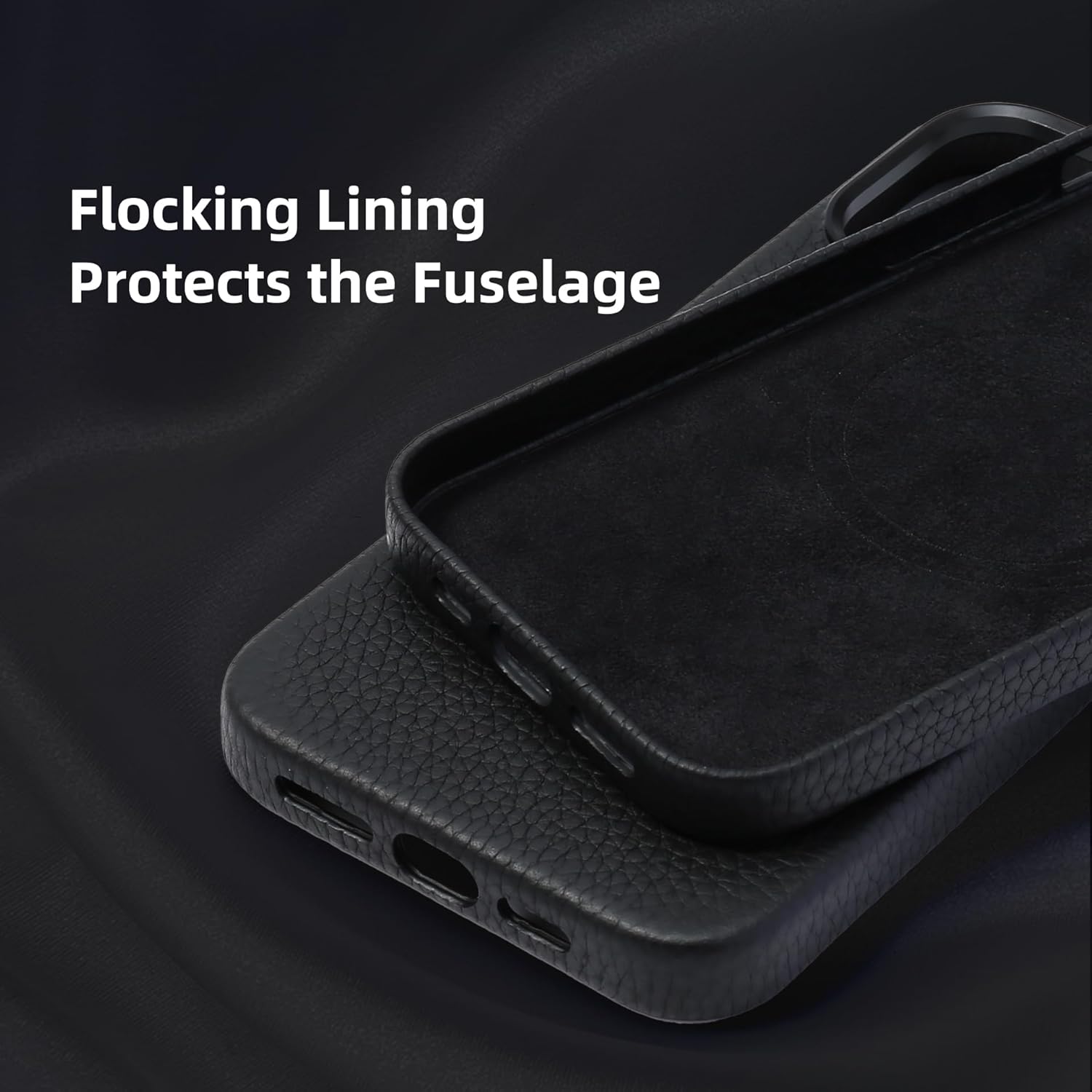 Funda de cuero genuino para iPhone 15 (6.1 pulgadas) Funda magnética de cuero de grano superior Litchi – Compatible con Magsafe – Negro