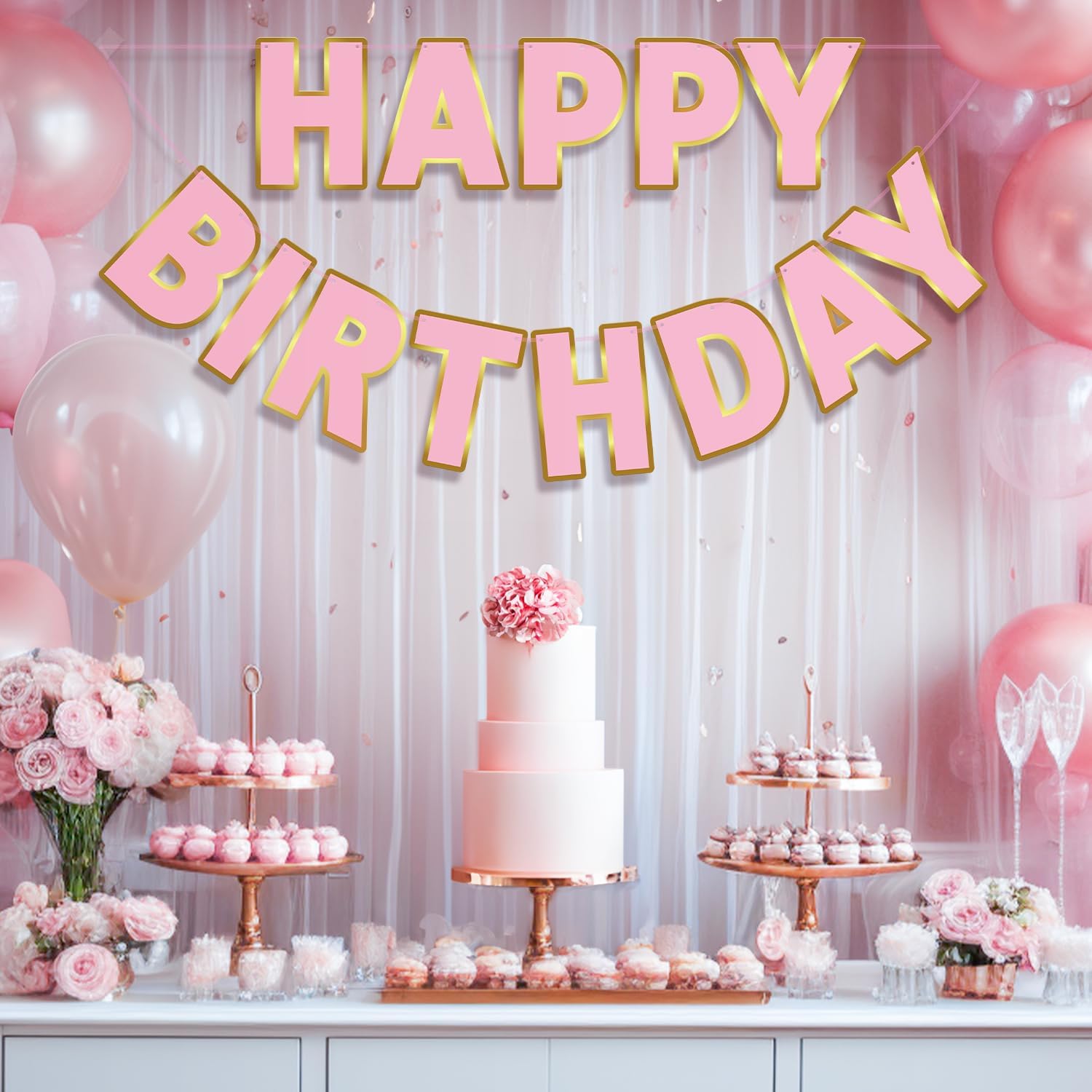 Cartel de feliz cumpleaños de oro rosa  pre-encordado, 9 pies, sin bricolaje  Decoraciones de cumpleaños  Cartel de feliz cumpleaños para decoración