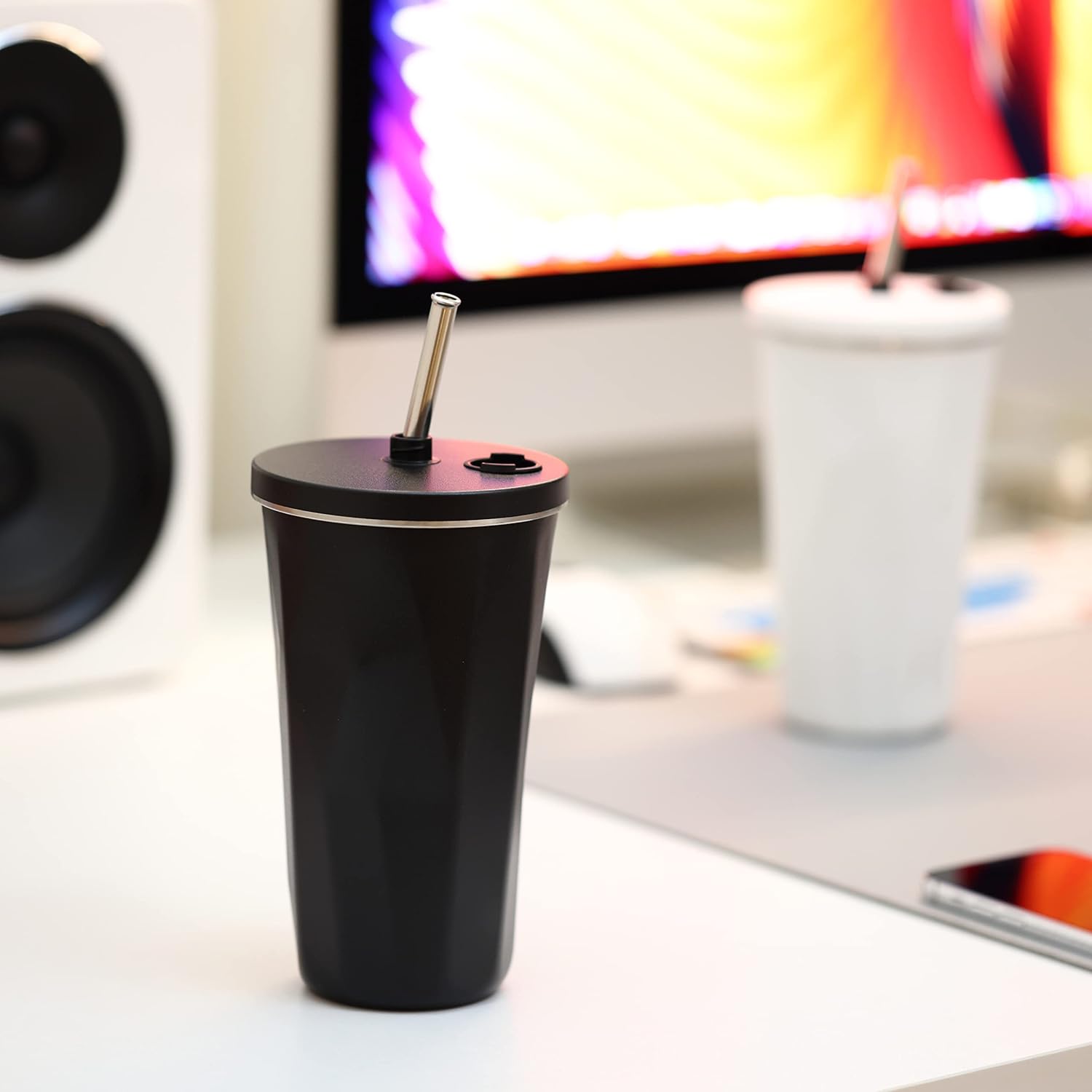 Youwoo – Vaso aislado al vacío de 20 onzas con popote de metal, taza aislada al vacío de doble pared, taza de café para bebidas calientes y frías,