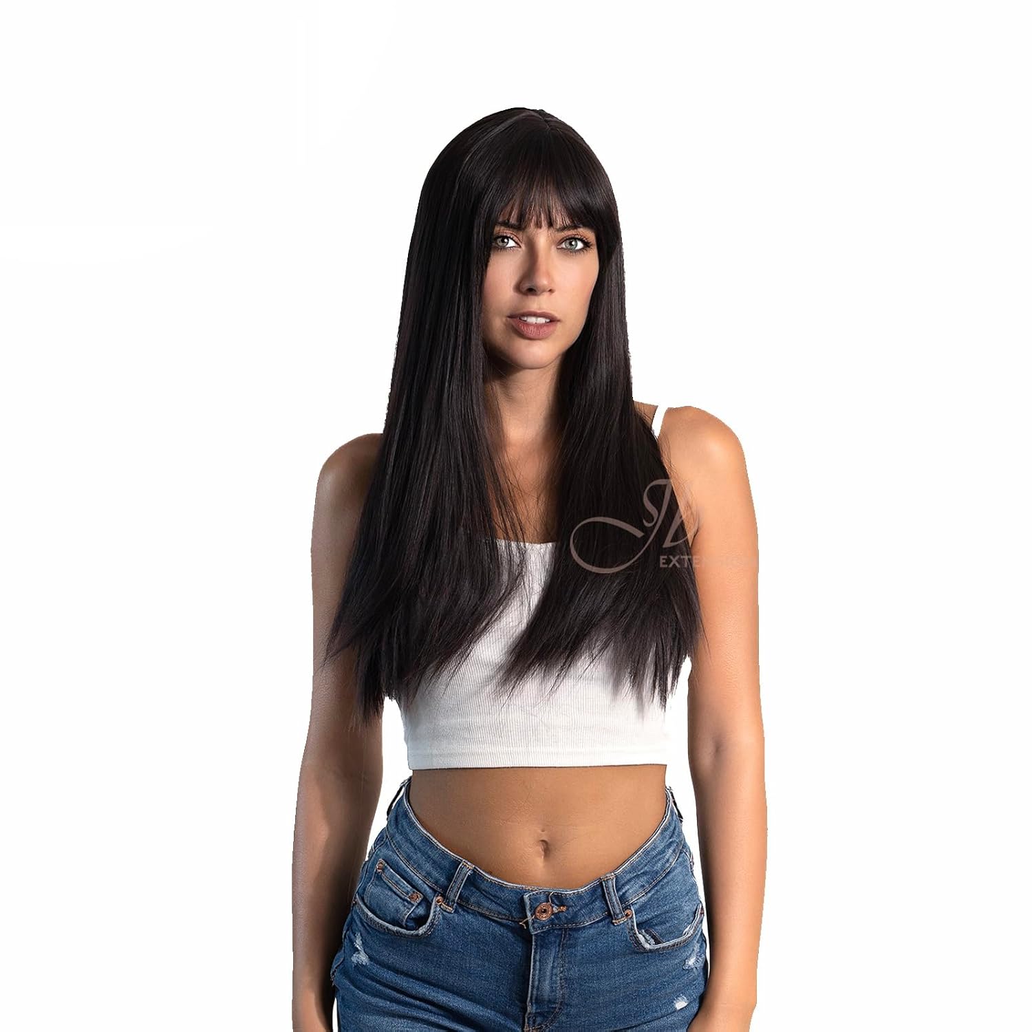 LUNA – Peluca larga y lacia de color negro natural con flequillo completo, para usar y llevar, sin pegamento, pelucas sintéticas naturales para uso