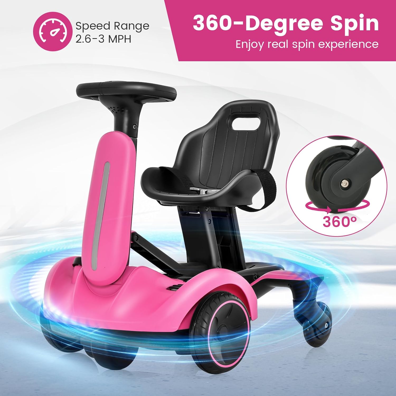 Costzon Coche de deriva eléctrico de 6 V con giro de 360 grados, asiento ajustable de 2 posiciones arriba y abajode adelante a atrás, velocidad