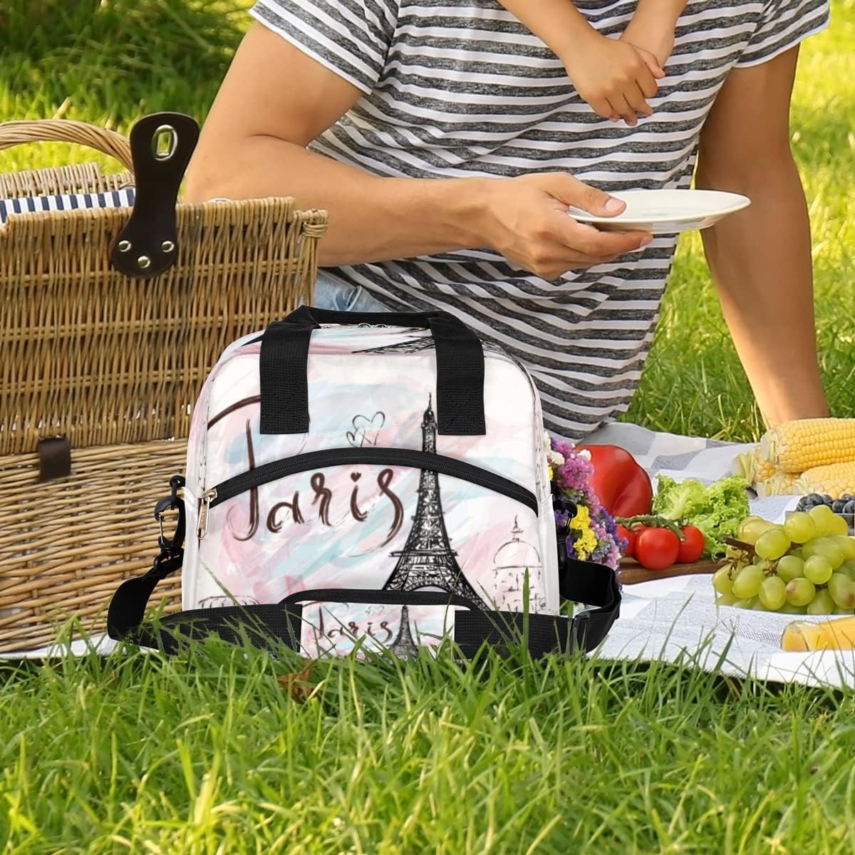 Bolsa de almuerzo con aislamiento térmico de la Torre Eiffel de París, para mujeres, hombres, niñas, niños, romántica bolsa de almuerzo con correa