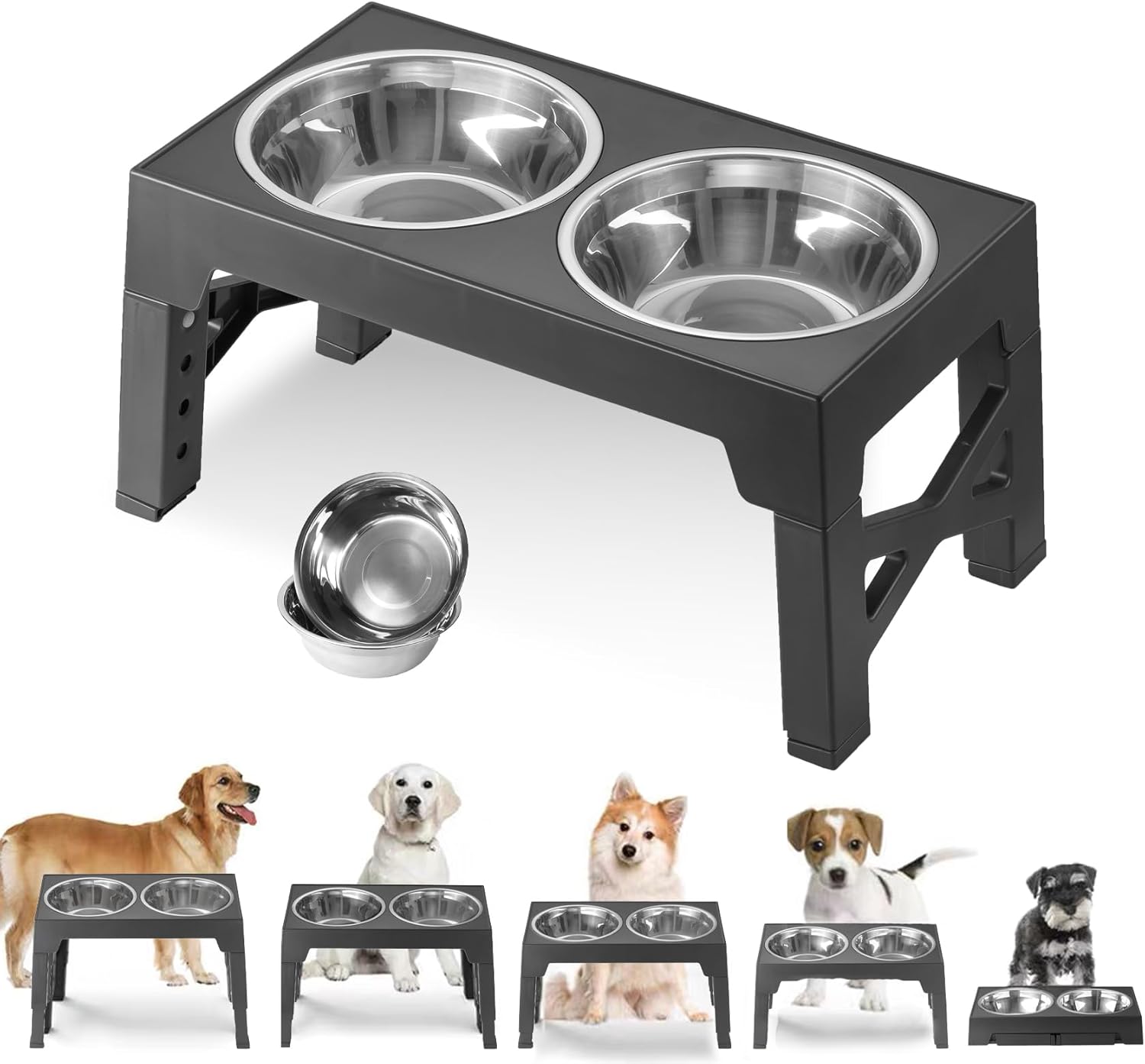 Tazones elevados para perros, con 5 alturas ajustables con 2 cuencos gruesos de acero inoxidable de 50 onzas para perros pequeños, medianos y