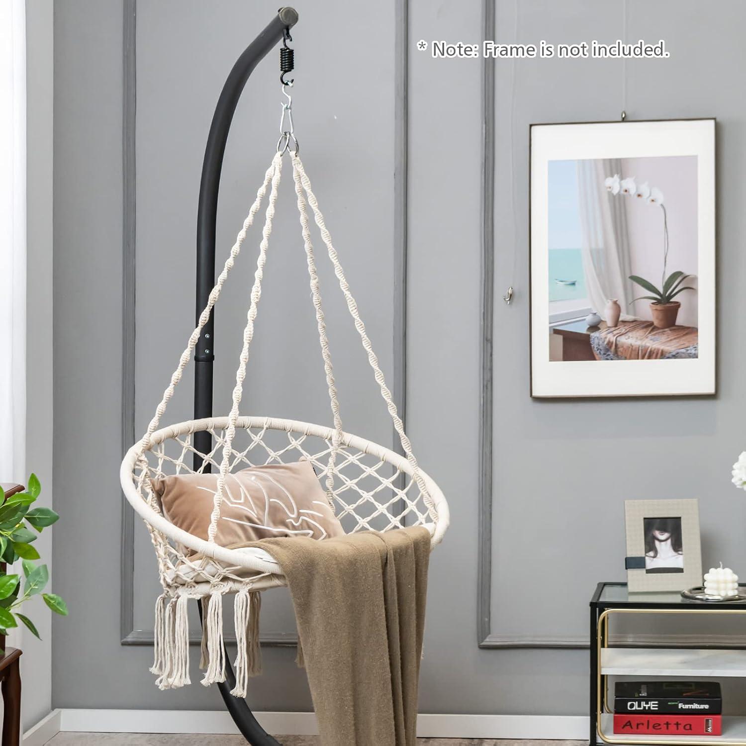 Tangkula Silla hamaca con cojín, estilo bohemio de macramé con kit de accesorios para colgar y correa, columpio de cuerda colgante para interiores y