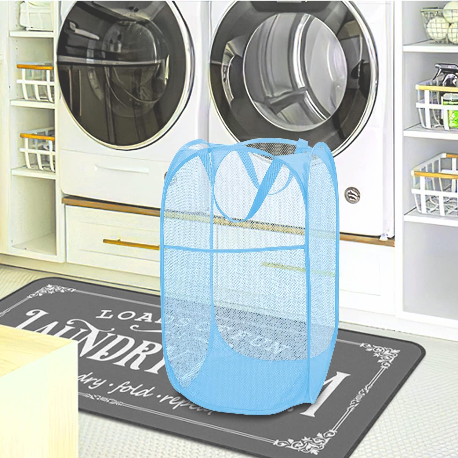 BATTOO Cesta plegable de malla fuerte de lujo con bolsillo lateral plegable para lavandería, baño, habitación de los niños, dormitorio universitario