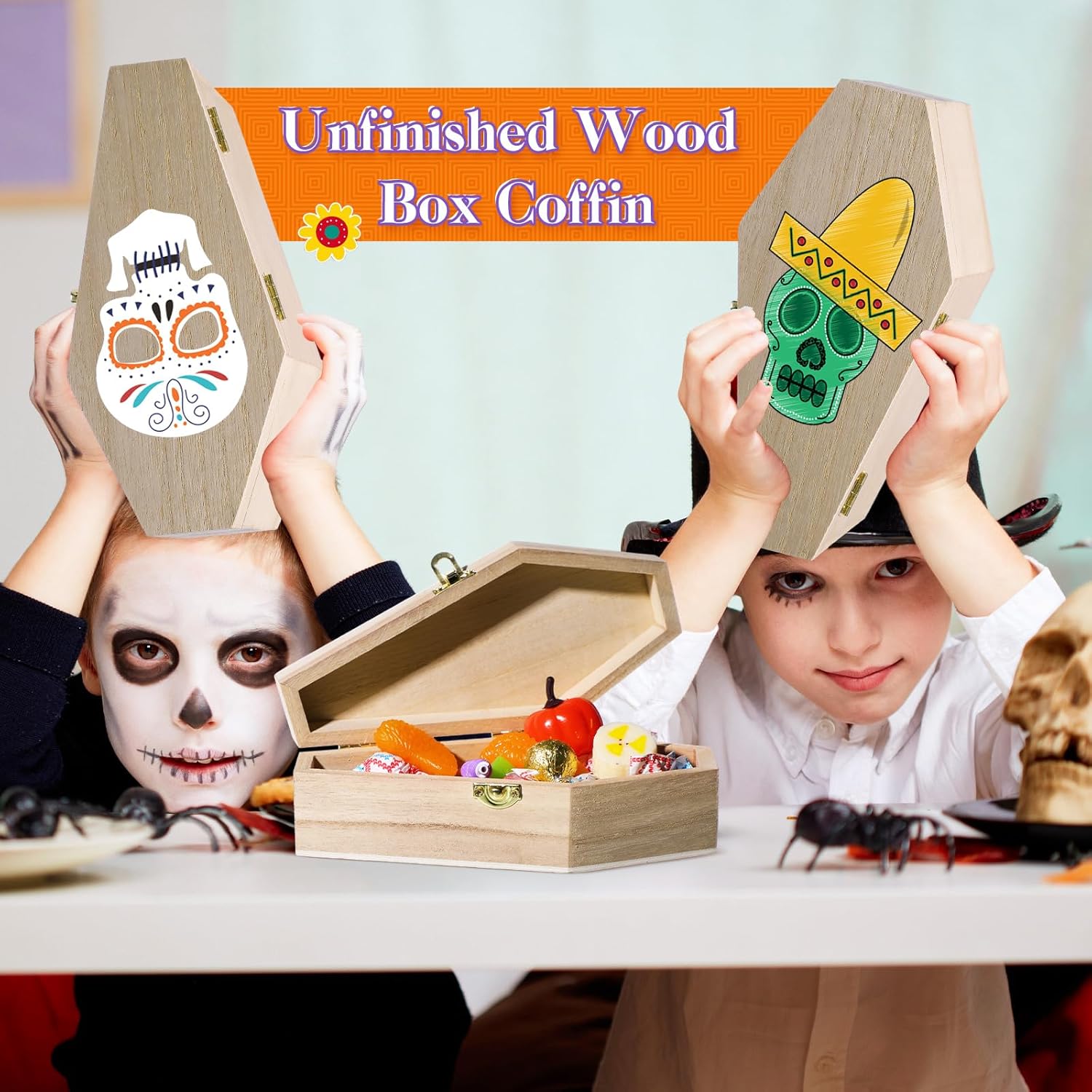 6 cajas de ataúd de Halloween sin terminar, cajas de madera en forma de ataúd con tapas con bisagras para manualidades, cajas de ataúd de madera