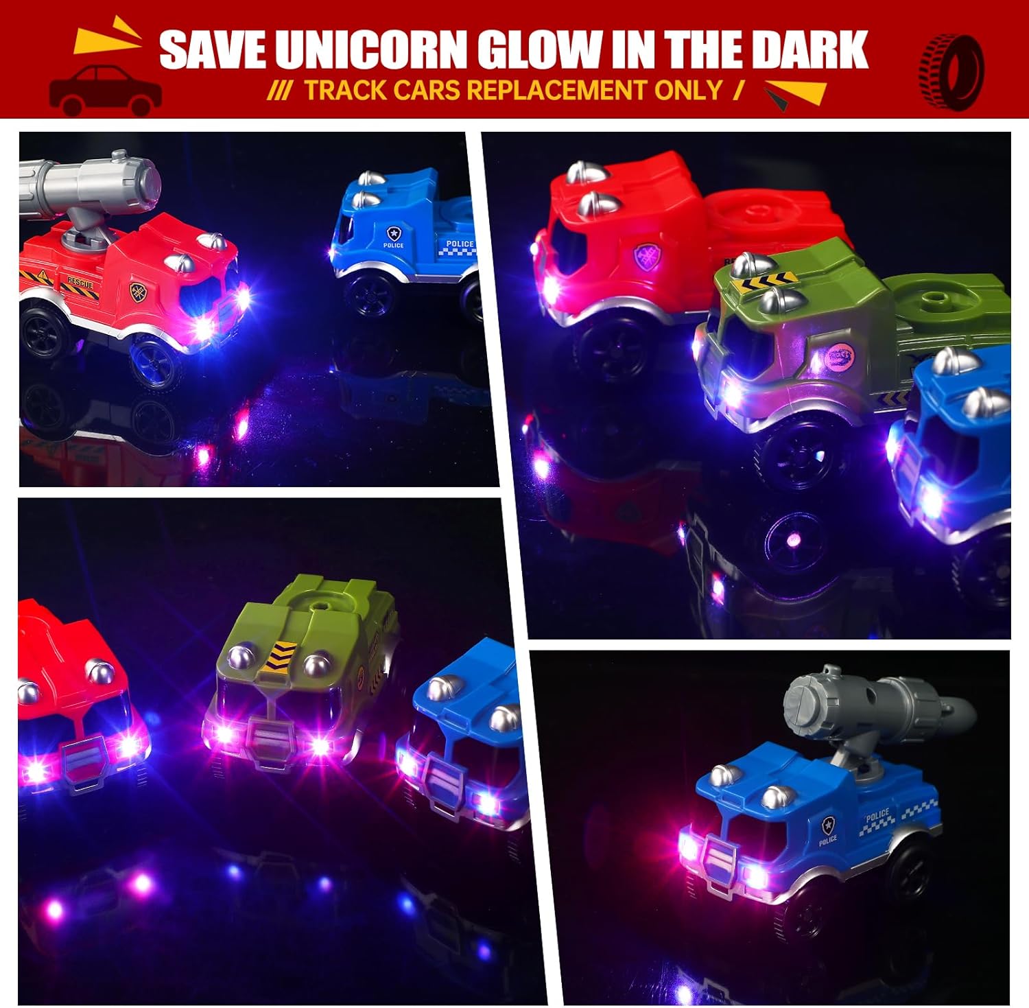 Solo repuesto de autos de pistas, autos de pista que brillan en la oscuridad, accesorios para pistas de automóvil con 3 luces LED intermitentes,