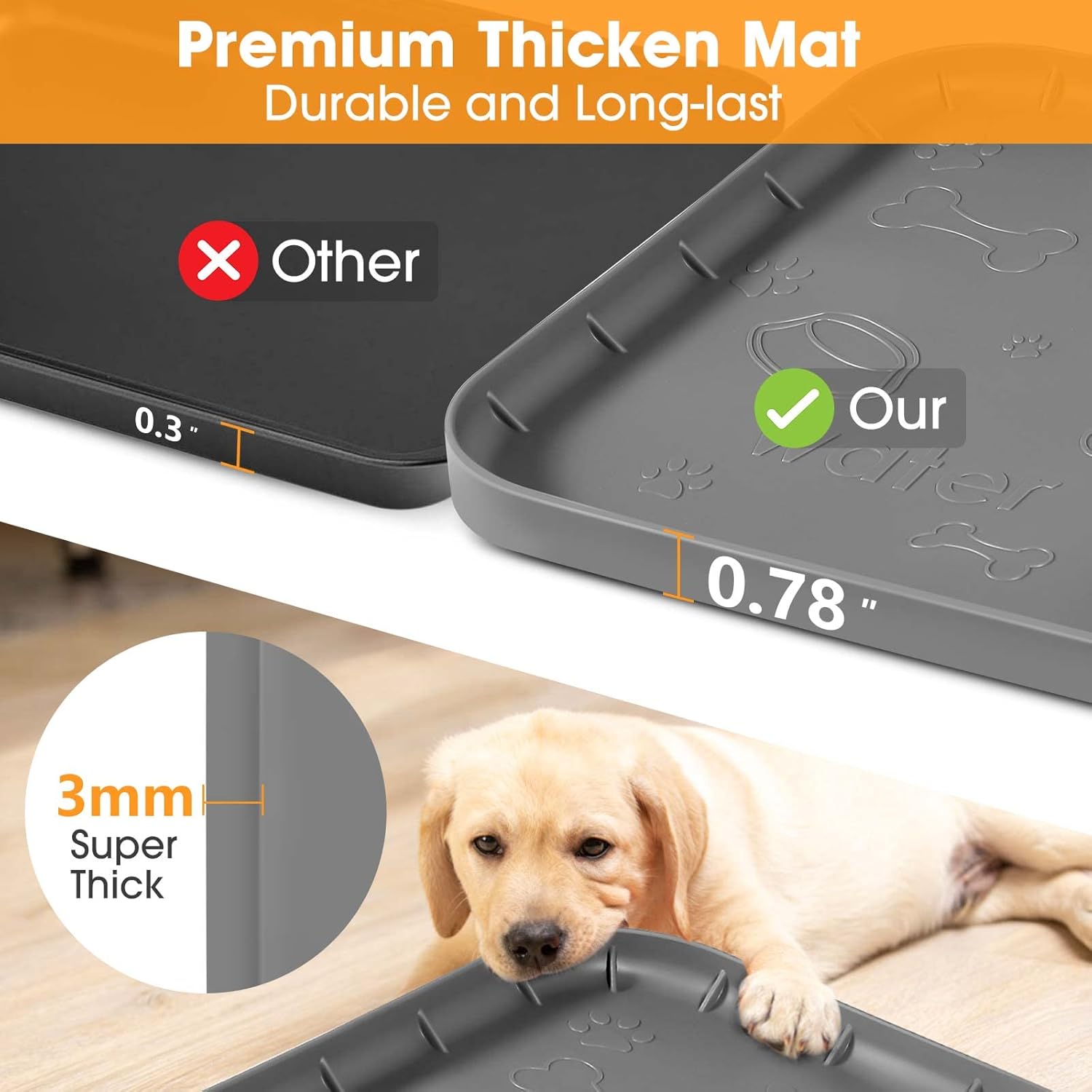 Tapete de comida para perros con bolsillo, tapete de silicona impermeable para alimentos y agua, 36 x 24 pulgadas, tapete de alimentación extra
