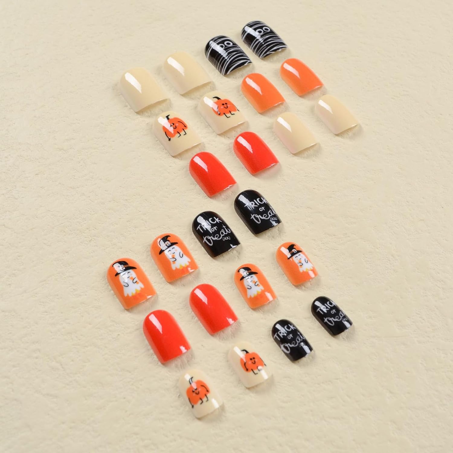 24 uñas postizas cortas cuadradas para Halloween, color naranja, negro, calabaza, fantasma, uñas acrílicas artificiales con pegamento, uñas