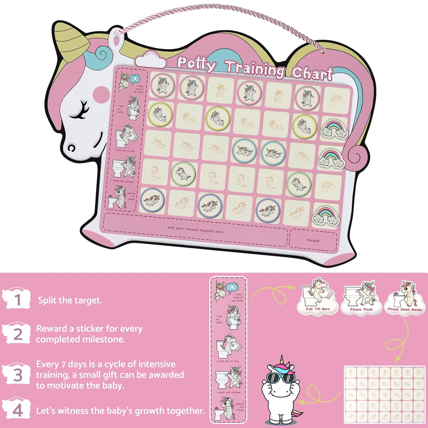 Tabla de entrenamiento para ir al baño para niñas pequeñas con 35 calcomanías magnéticas reutilizables, tabla de calcomanías de diseño de unicornio