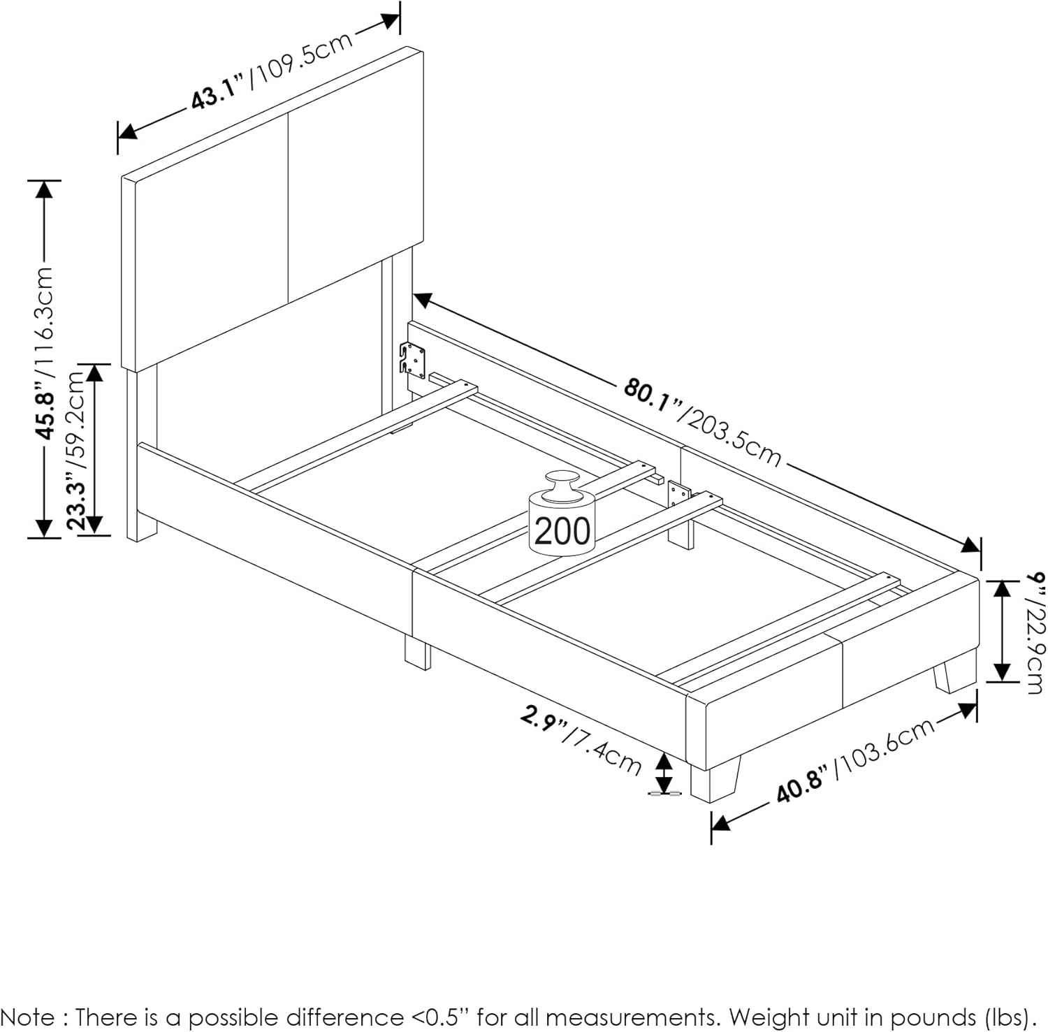 Furinno Pessac – Marco de cama tapizado de tela con soporte de listones de madera, tamaño individual, glaciar