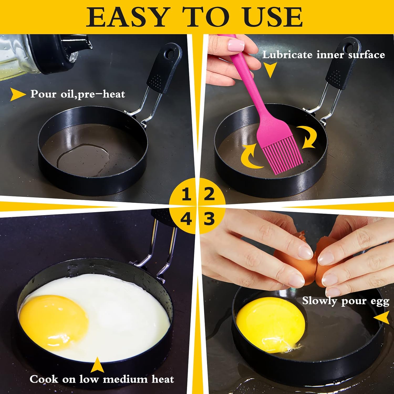LXLOVESM Juego de anillos de huevo de 4 pulgadas con mango de silicona, anillos de cocina de huevos de acero inoxidable, antiadherentes, para freír