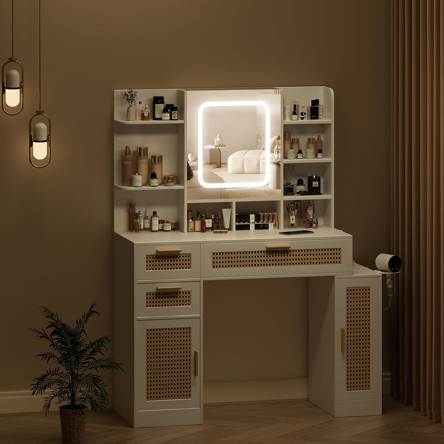 Fameill Tocador de maquillaje con luces en 3 colores y espejo que se puede abrir, escritorio bohemio con 3 cajones y 2 armarios y estantes, mesa de