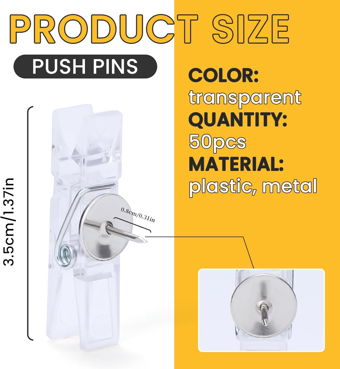 Clips de empuje para tablero de corcho, 50 pines transparentes decorativos para el pulgar para tablero de corcho, fotos, documentos, dibujos, mapas,