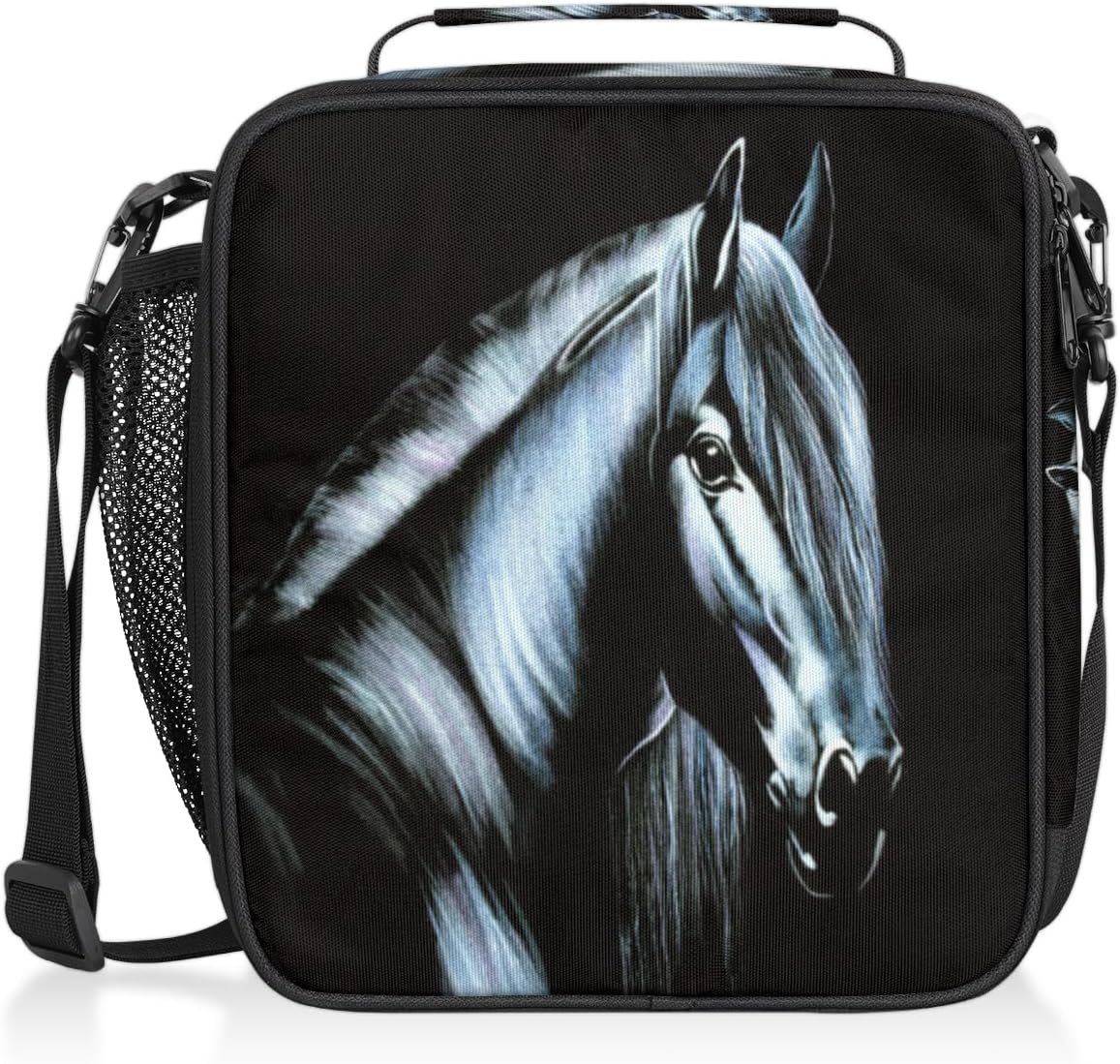 Pardick Lonchera térmica con diseño de caballo negro para niños, niñas, mujeres y hombres, con correa para el hombro, duradera, reutilizable,