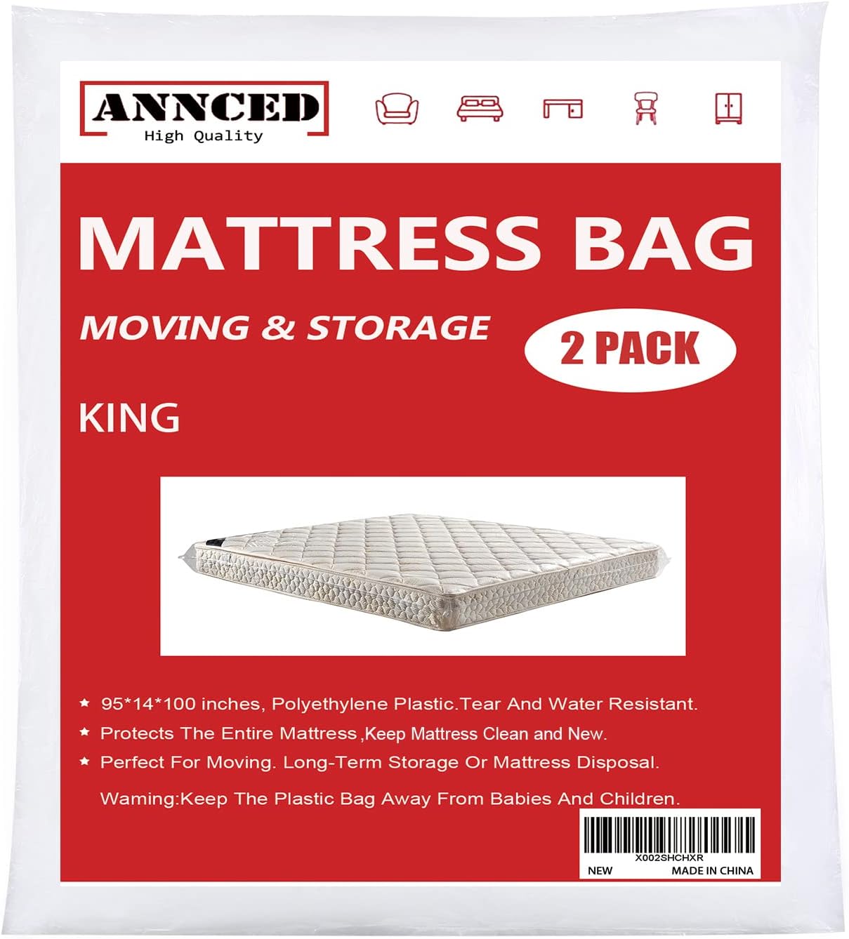 Paquete de 2 bolsas de colchón para mudanzas y almacenamiento a largo plazo, funda protectora de plástico de polietileno resistente, resistente a