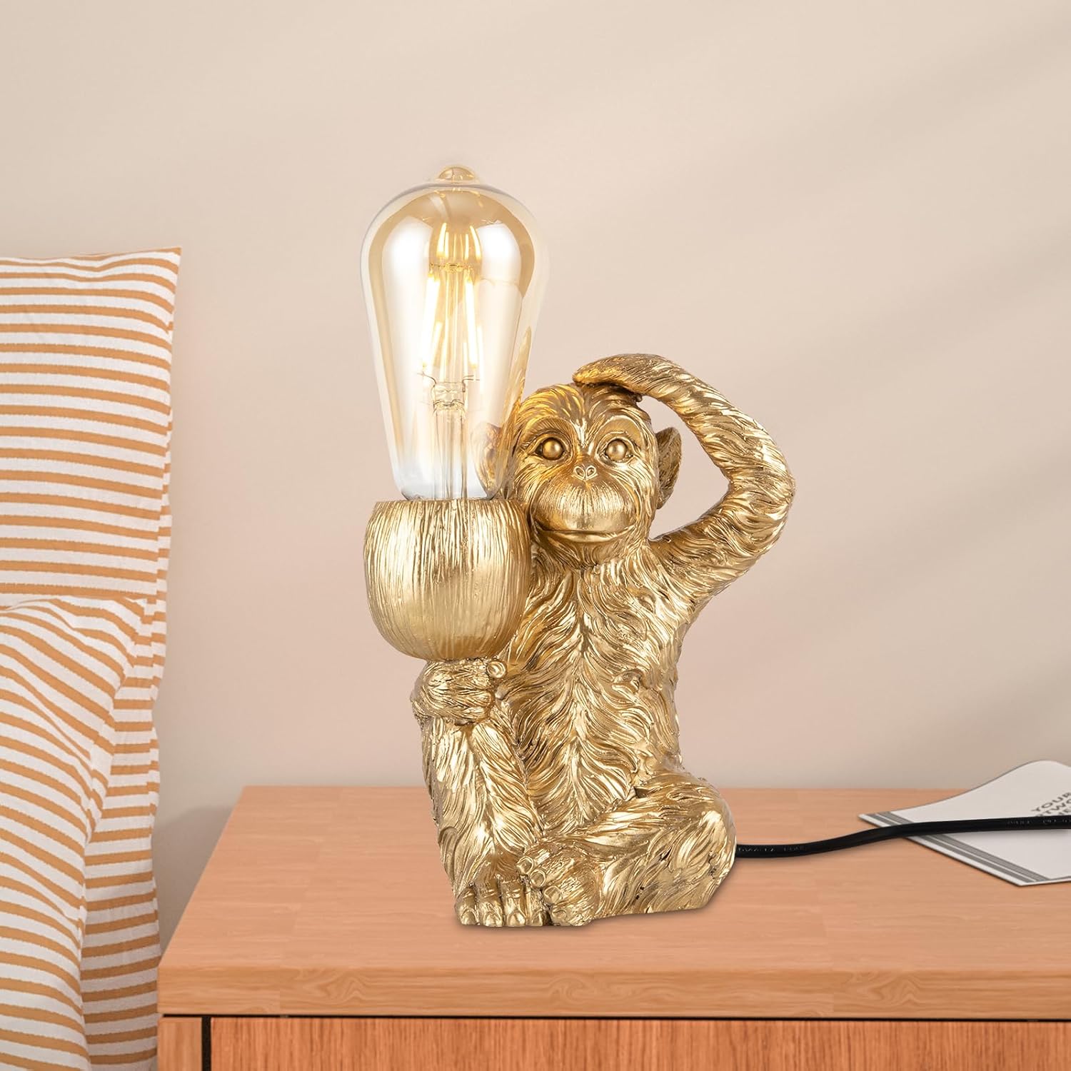EseMiee Lámpara de mesa de noche de mono, lámpara de escritorio moderna, diseño único de mono de resina con enchufe E27, accesorio de iluminación de