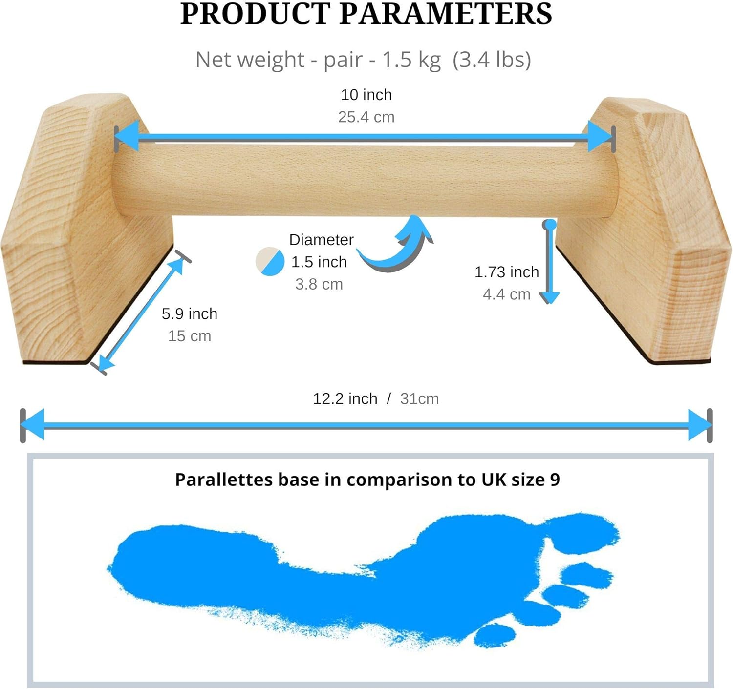 Calisthenics Wood Parallettes Bars  Push Up Bar That Will Not Slip or Wobble  Wrist Wraps Included