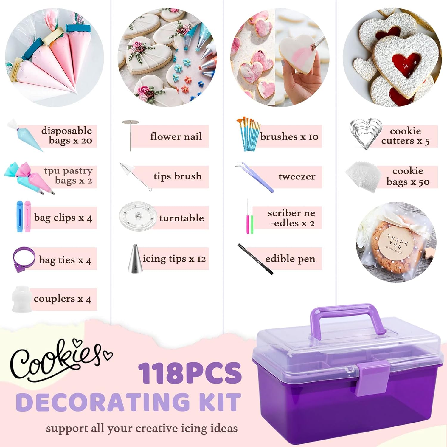 Kit de suministros de decoración de galletas, 118 piezas con estuche de almacenamiento, bolsas de tuberías de azúcar real y juego de glaseado,