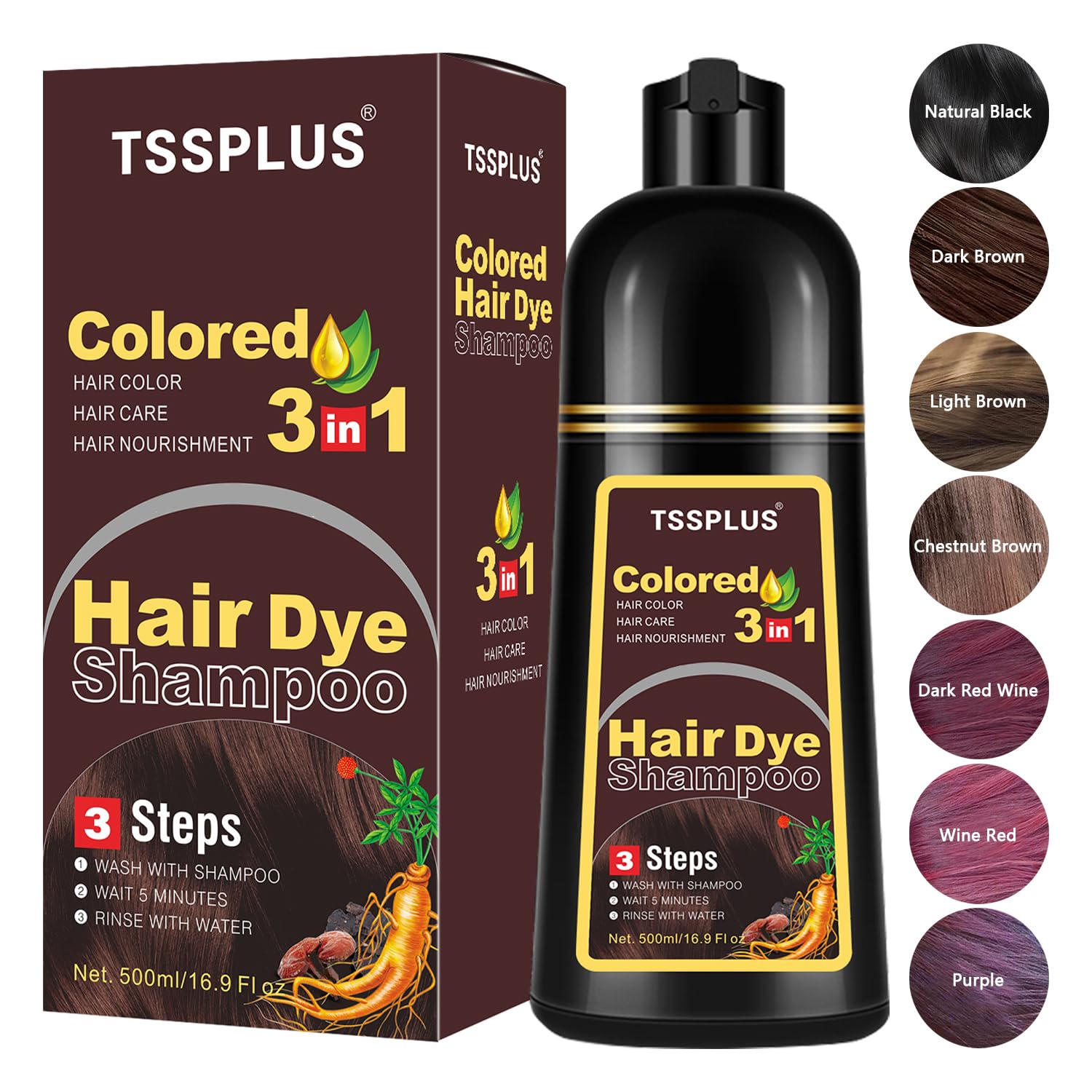 TSSPLUS Champú para colorear el cabello, 16.9 fl oz, tinte natural orgánico para el cabello, esencia vegetal, champú de tinte de color negro para