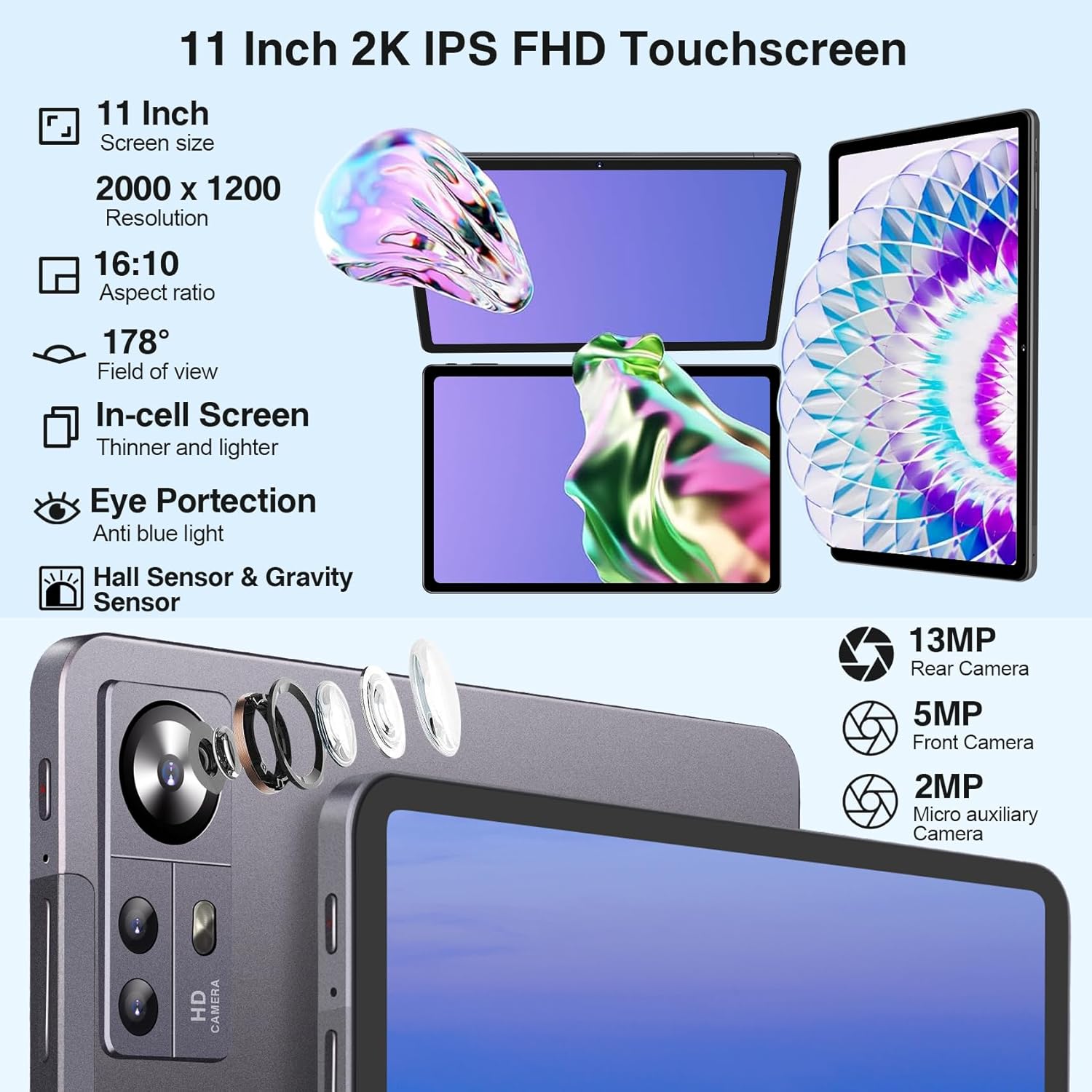 Tableta Android 13 de 11 pulgadas con 16 GB de RAM 256 GB ROM 1TB Expand, pantalla 2K 2000 x 1200, Octa-Core, cámara triple de 13 MP, 8600 mAh,
