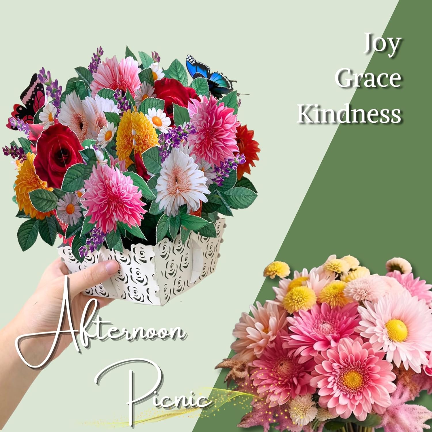 Tarjeta grande de papel con cesta de flores, tarjetas desplegables, 10 pulgadas con tarjeta de notas y sobre – Picnic por la tarde