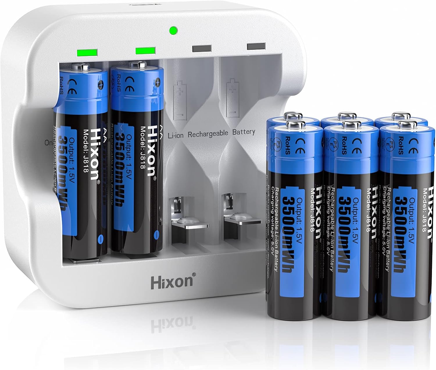 Hixon Paquete de 8 baterías de litio AA recargables de 1.5 V, 3500 mWh de alta capacidad de larga duración con cargador de batería AA ultra rápido,