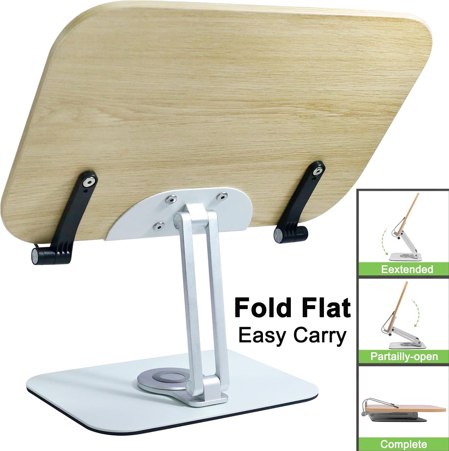 DCHAV Soporte de escritorio plegable para libros de cocina, soporte ajustable para partituras con base giratoria de 360 grados, clip de página de
