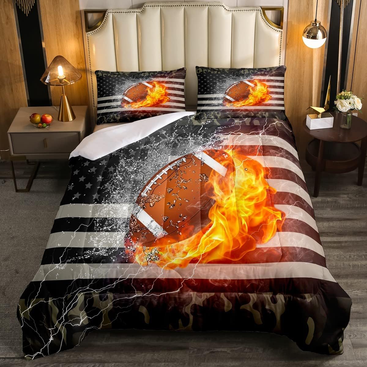 Juego de edredón de camuflaje para niños, edredón acolchado de fútbol americano, tamaño individual, juego de ropa de cama de juegos deportivos para