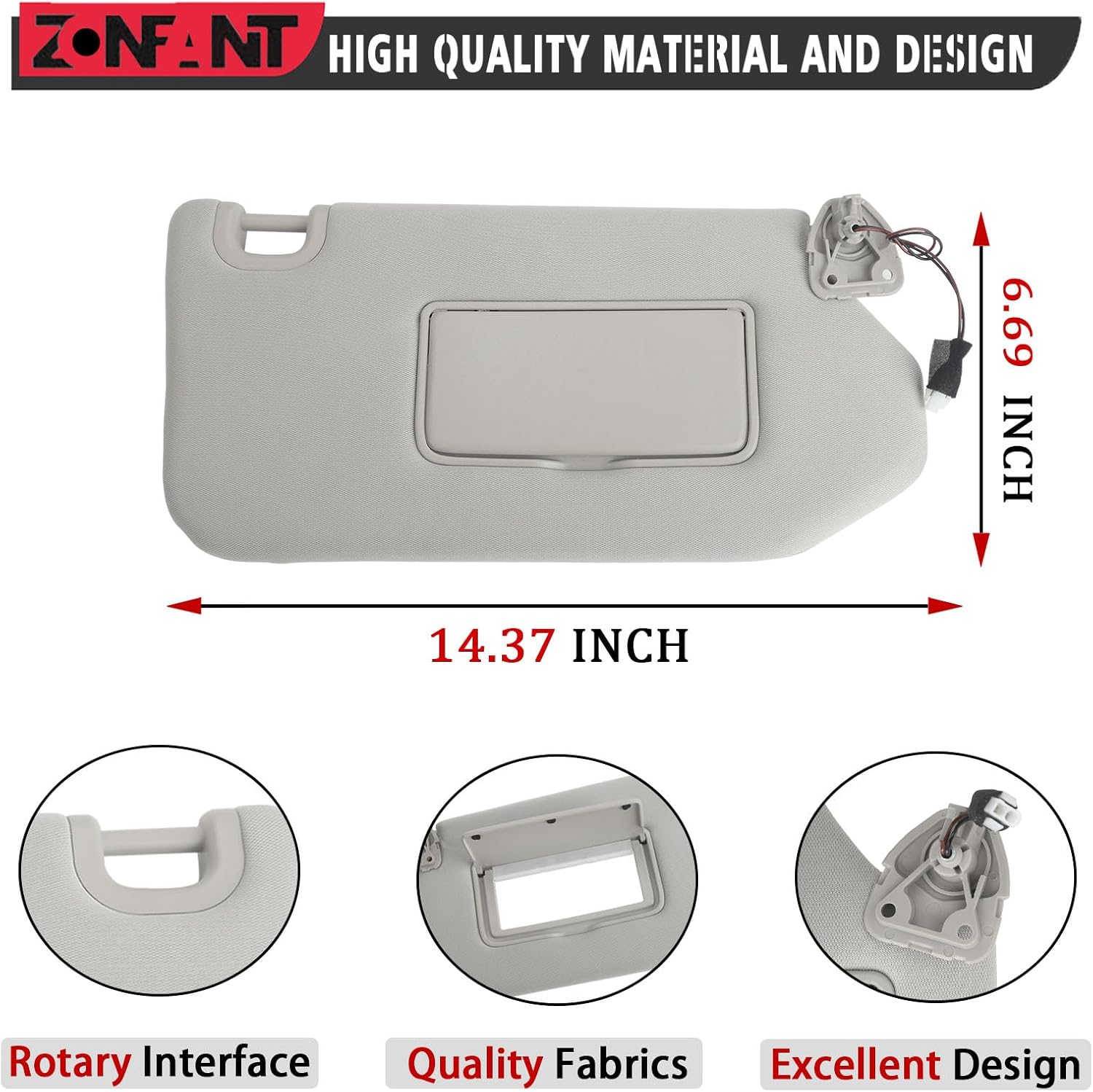 ZONFANT Parasol lateral derecho gris del pasajero con lámpara y espejo sin techo corredizo compatible con Infiniti QX60 JX35 2014-2017, Nissan