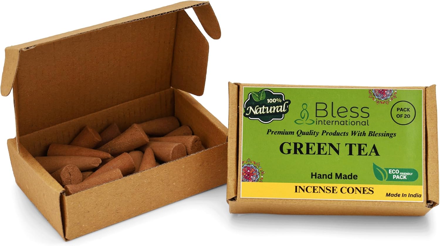 Bless International Té verde 100% natural, conos de incienso hechos a mano, sumergidos a mano, orgánicos, sin productos químicos para purificación,
