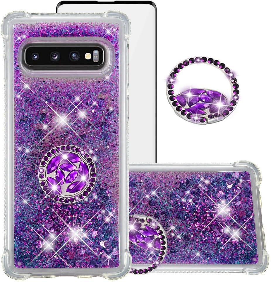 Asuwish Funda de teléfono para Samsung Galaxy S10 con protector de pantalla y soporte para anillo con purpurina líquida transparente, funda