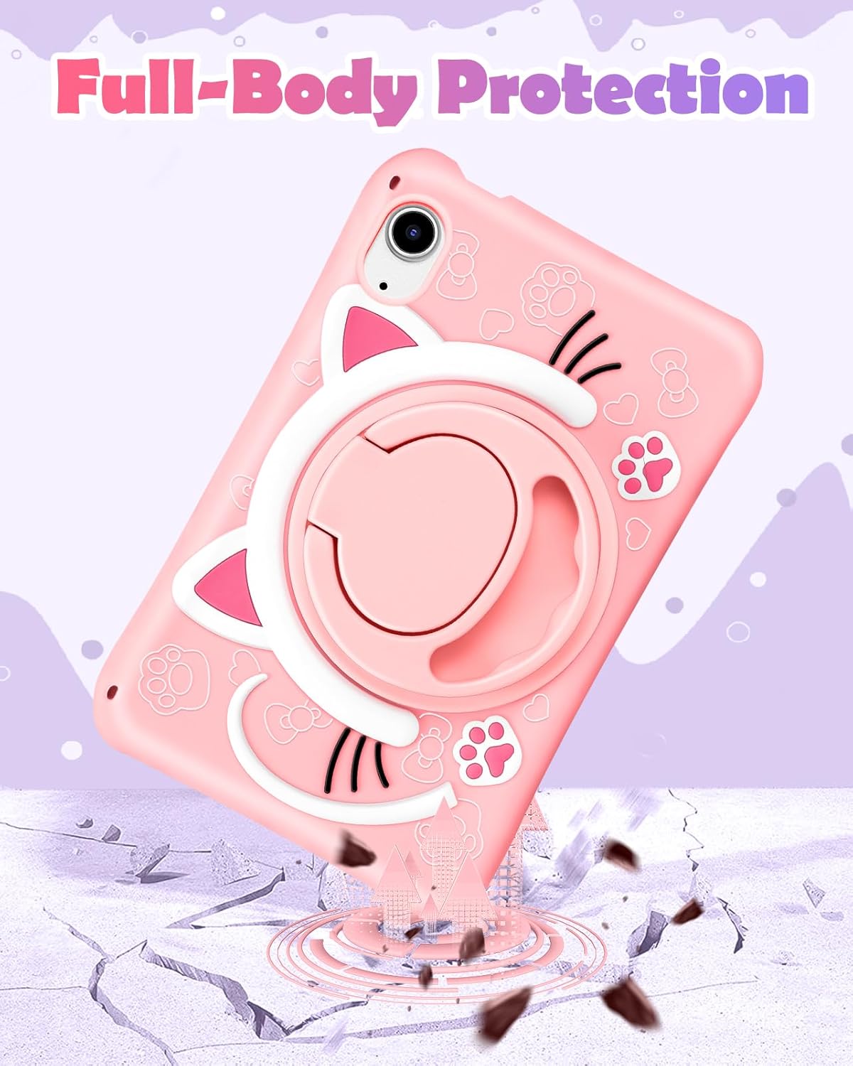 Funda para iPad Mini 6 de 8.3 pulgadas para niñas, diseño de gato kawaii, diseño de caricaturas 3D, con asa giratoria y correa de silicona suave