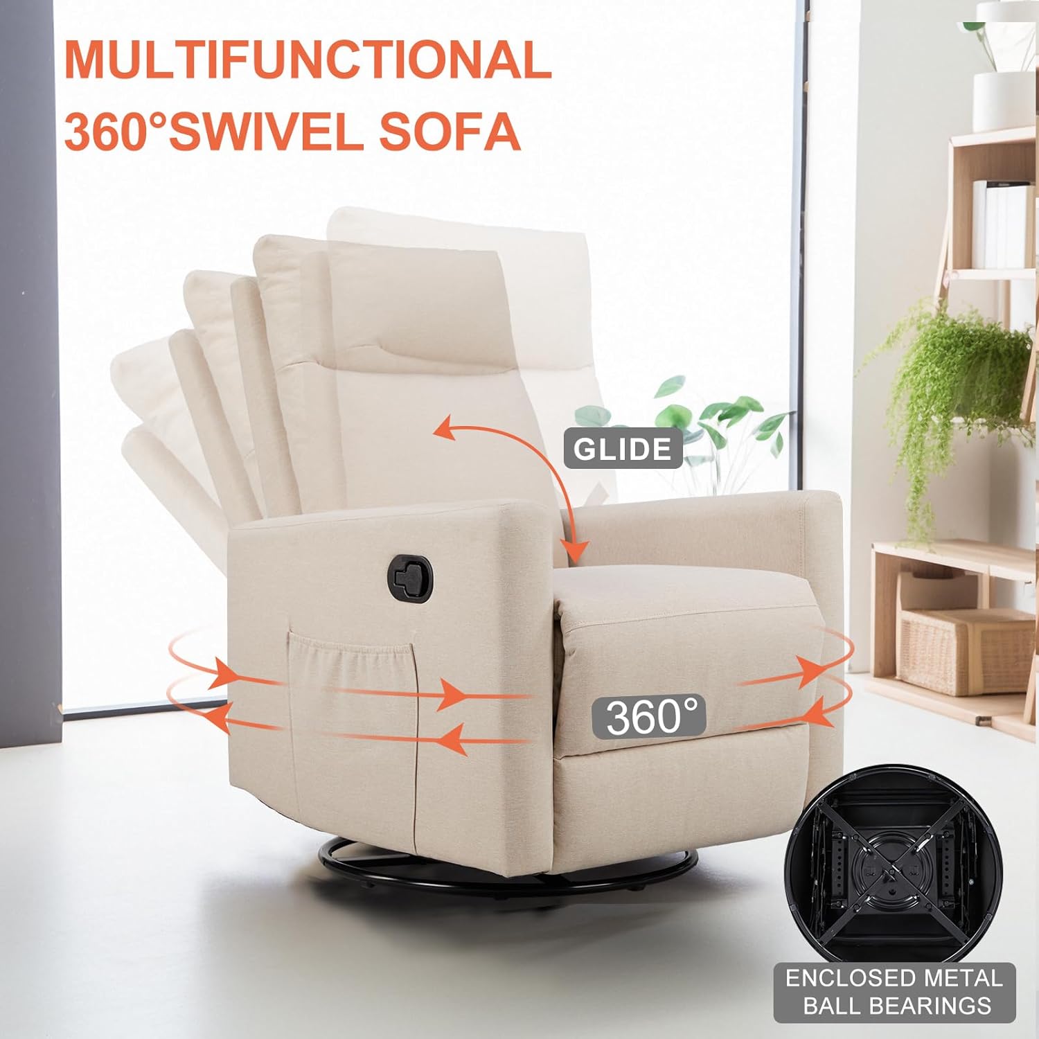 Sweetcrispy Mecedora giratoria reclinable, silla de guardería para sala de estar con reposapiés extragrande, respaldo alto, asiento profundo