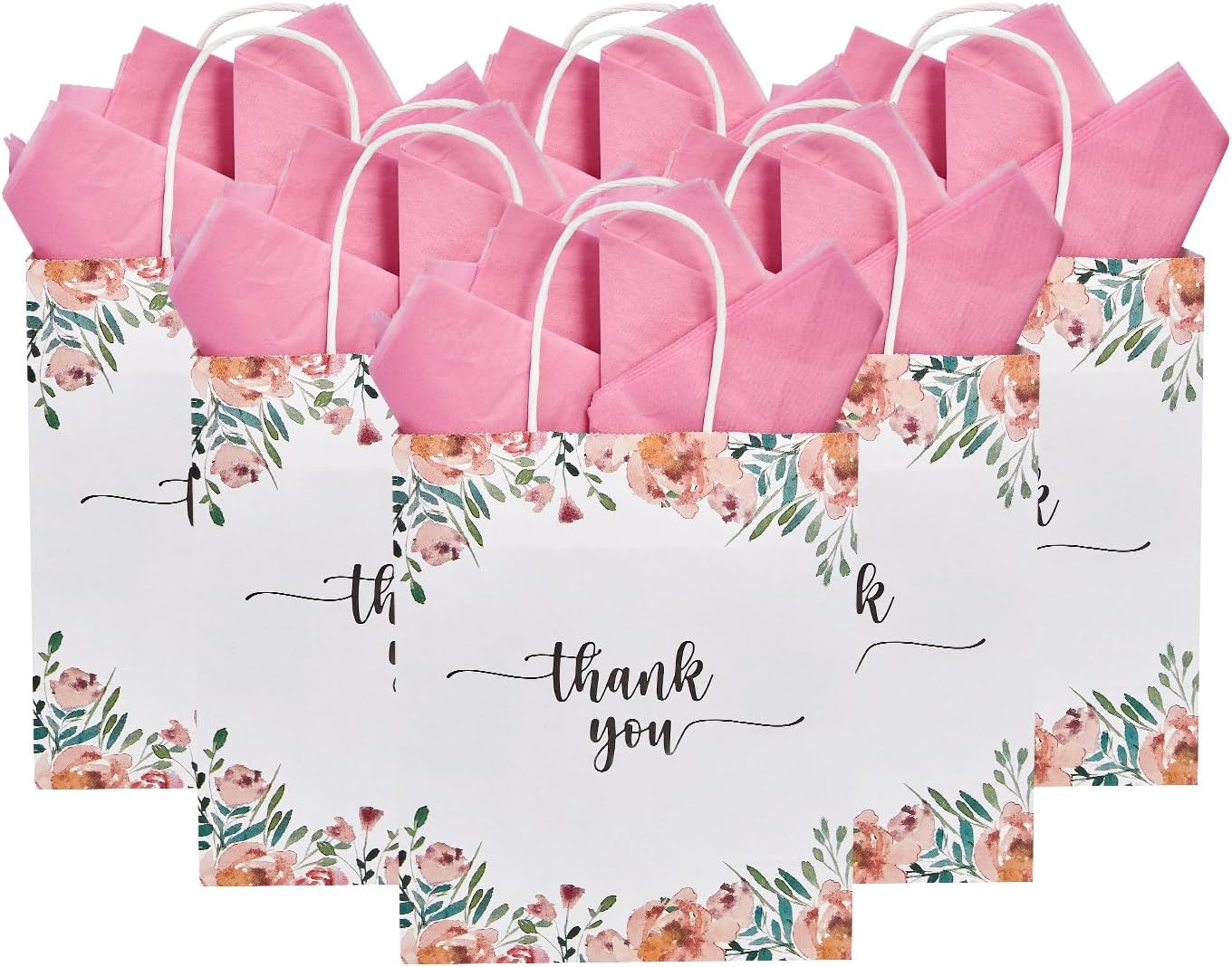 Paquete de 50 bolsas de regalo de papel de agradecimiento blancas y florales de primavera medianas con asas de 10 x 8 x 4 pulgadas y papel de seda