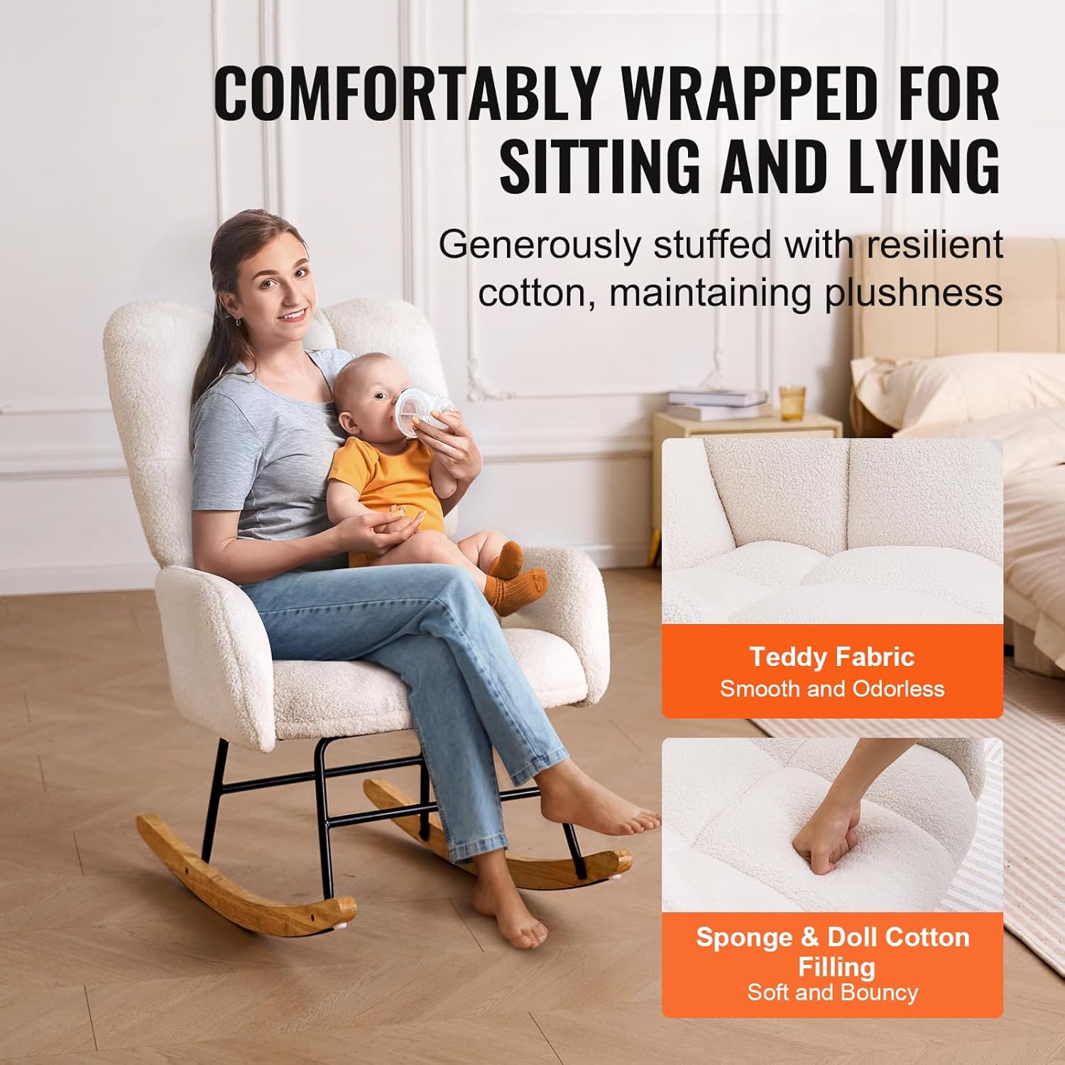 VEVOR Mecedora para guardería, mecedora deslizante con asiento suave y respaldo alto, capacidad de peso de 250 libras, tela de peluche, silla