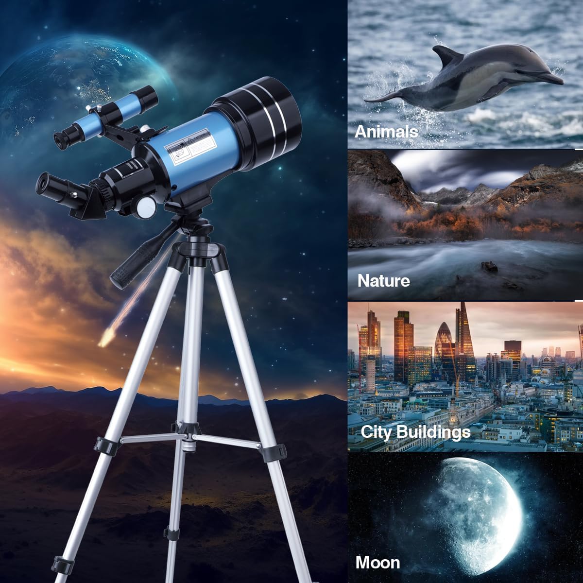 Telescopio, apertura de 2.756 in (15X-150X) telescopios refractores portátiles para adultosniñosprincipiantes en astronomía, telescopio de viaje