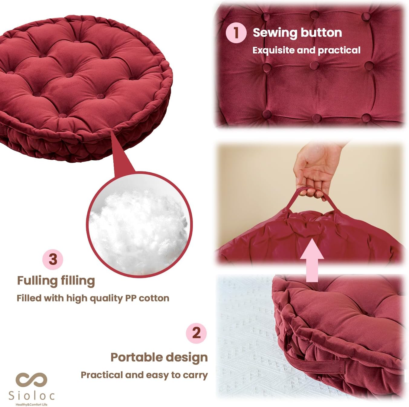 Sioloc Almohadas redondas de suelo, cojín de asiento para dormitorio de adultos y niños, cojín grueso de meditación para silla, sofá, yoga (borgoña,