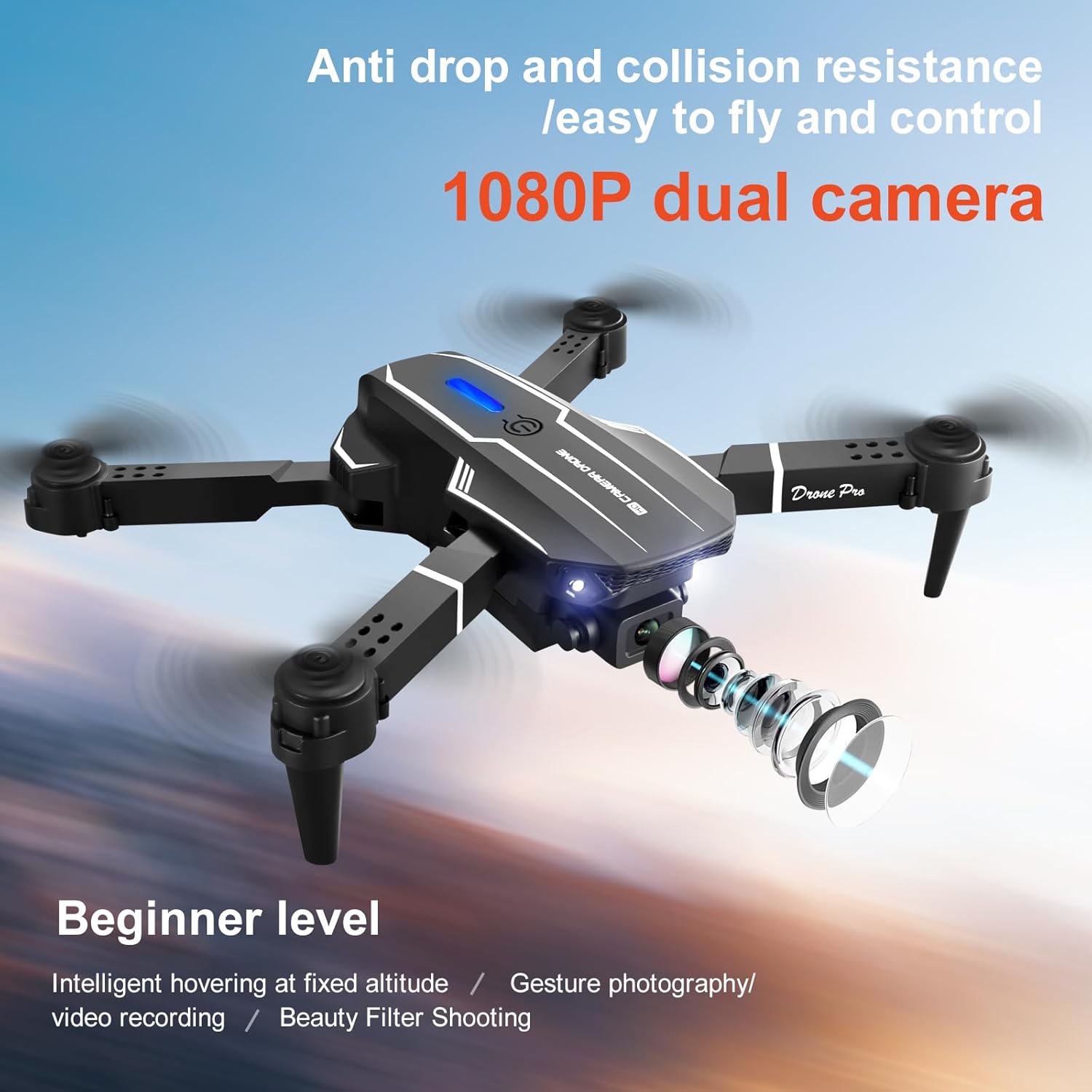 ZnLyrion Mini dron con cámara dual 1080P HD para principiantes aficionados, FPV, duración de batería extendida, modos de vuelo versátiles, diseño