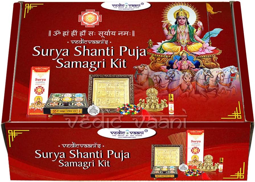 Vedic Vaani Dios Surya (Sol) Ravi Brass IdolSurya Graha (Planeta) Dosha Nivaran Mantra Yantra Jaap Navgraha Puja KitSurya Incienso & Medallón con